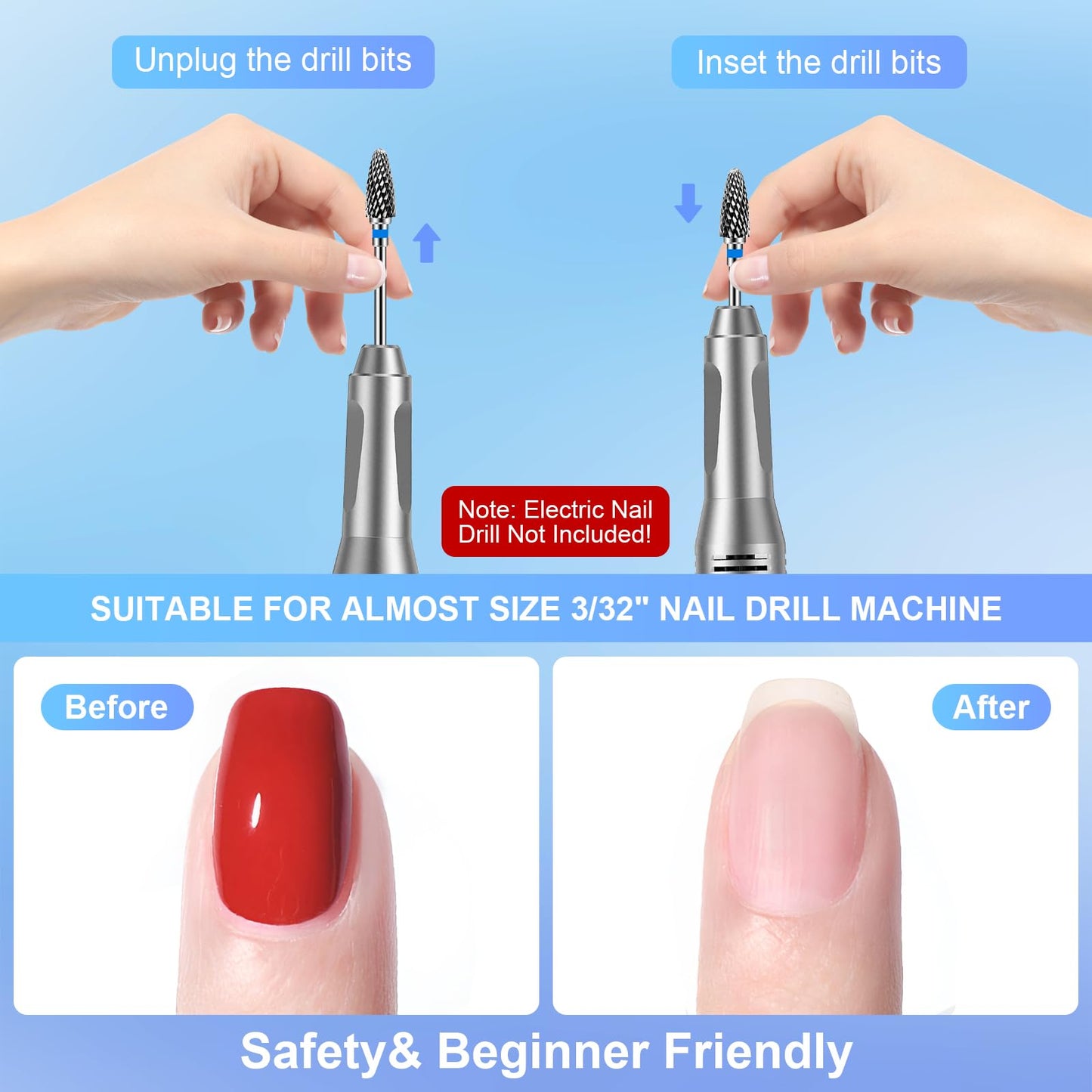 CGBE Nail Drill Bits Sets: 10PCS Tungsten Ceramic Diamond Carbide Nail Drill Bits for Acrylic Nails - 3/32" Shank Professional Nail Bits for Nail Drill Cuticle Drill Bit for Nail Enthusiasts