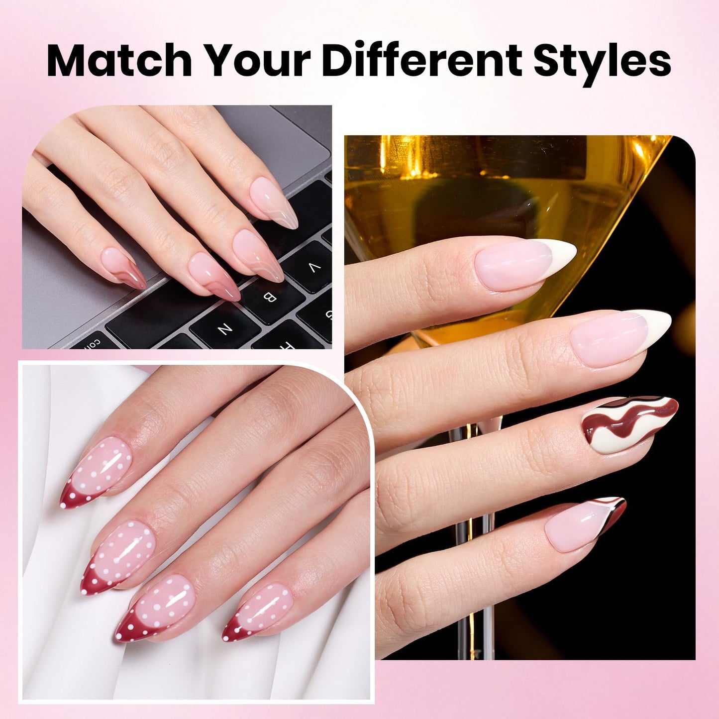 Beetles Gel Nail Kit Etch-X, Medium Almond, 288pcs 12 Sizes Nail tips, 3Pcs 15ml HEMA-Free Nail Glue Top Coat &Base Gel Set, for Acrylic and Clear Press On Nail, Long Lasting Extension DIY Set at Home