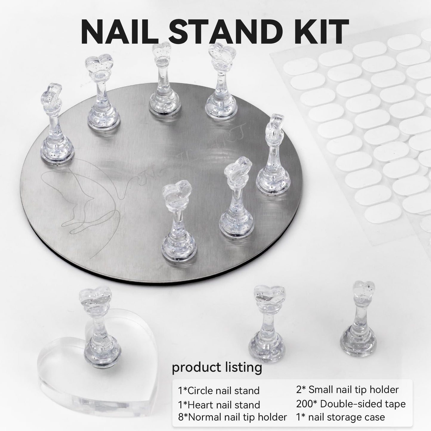 ESUOHYM Nail Stands for Press On Nails Painting Display Practice, Powerful Magnetic Nail Tip Holders for Diy Design, Heart Nail Art Stand with 200 PCS Double-Sided Tapes Home Salon Use (Silver)