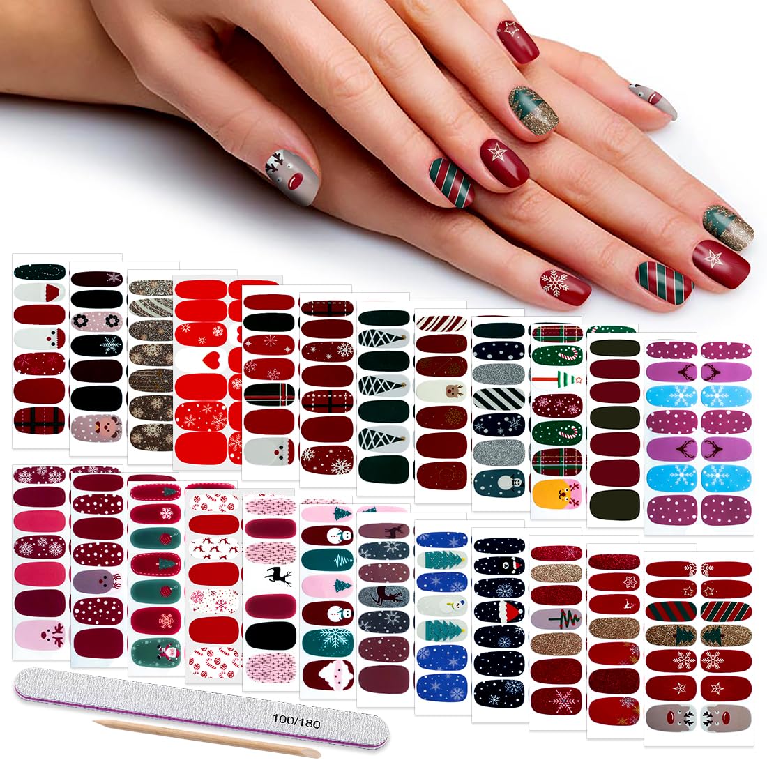 336 Pieces 24 Sheets Christmas Nail Stickers Full Nail Wraps Adhesive Nail Art Stickers Nail Polish Strips for Women with Nail File, Cuticle Stick(Classic Series)