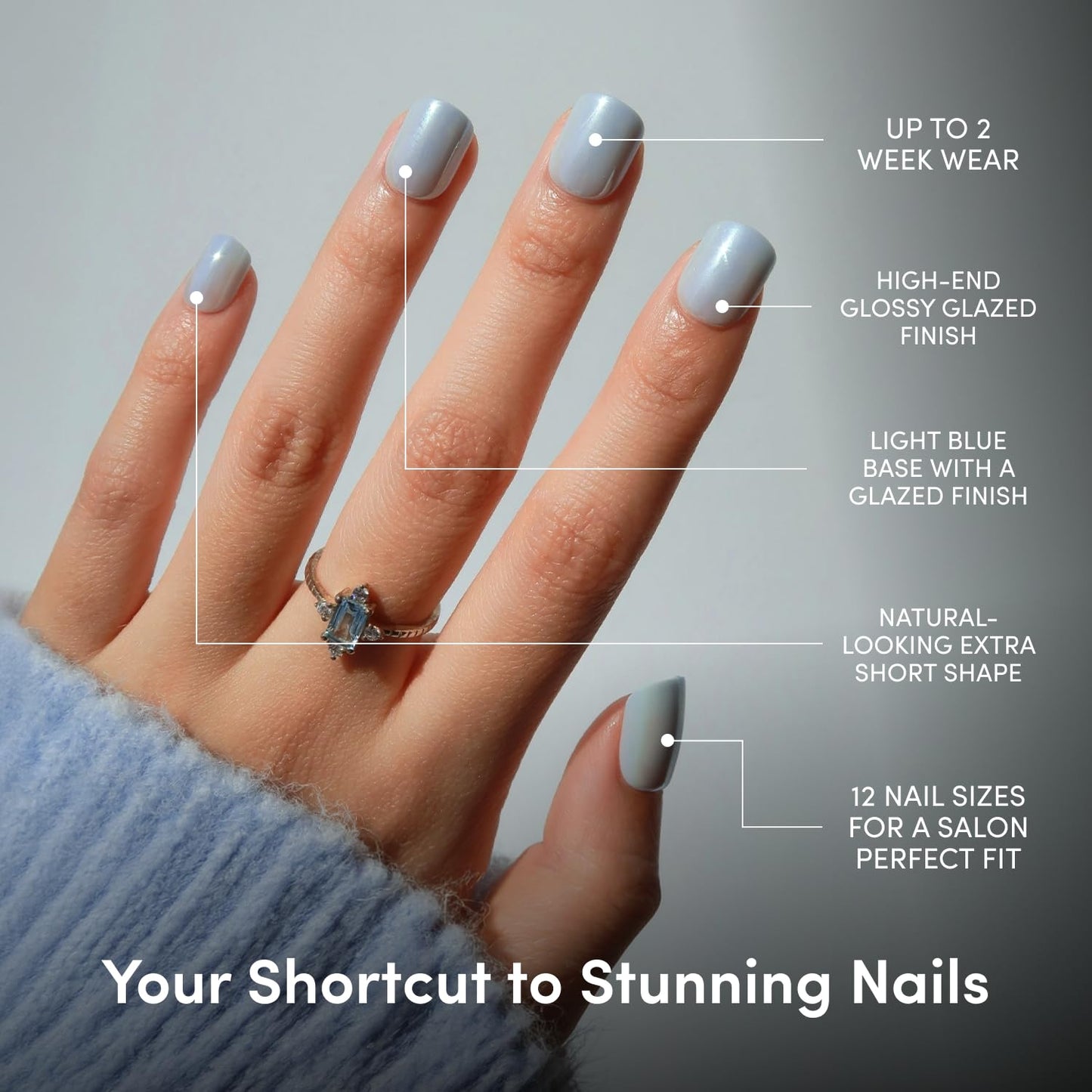 Glamnetic Press On Nails - Light Blue Extra Short Fake Nails with Reflective Glaze Finish | Salon Quality Summer Nails | Clear Skies | 12 Sizes - 30 Nail Kit with Glue