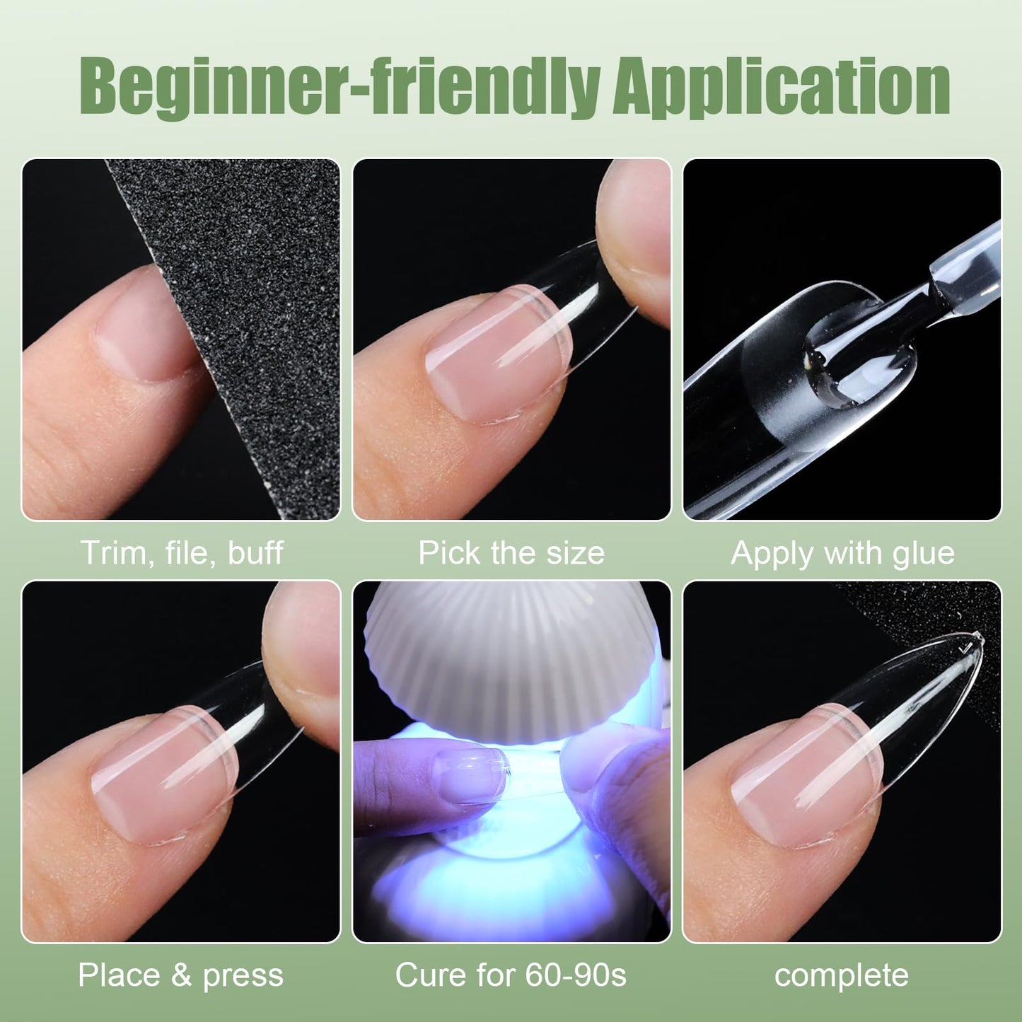 Cycullinyt 480pcs Sculpted Long Almond Soft Gel Nail Tips, Professional False Nail Tips with Box - 16 Sizes Full Cover Clear Acrylic Press On Fake Nails for Extension Manicure Salon DIY at Home