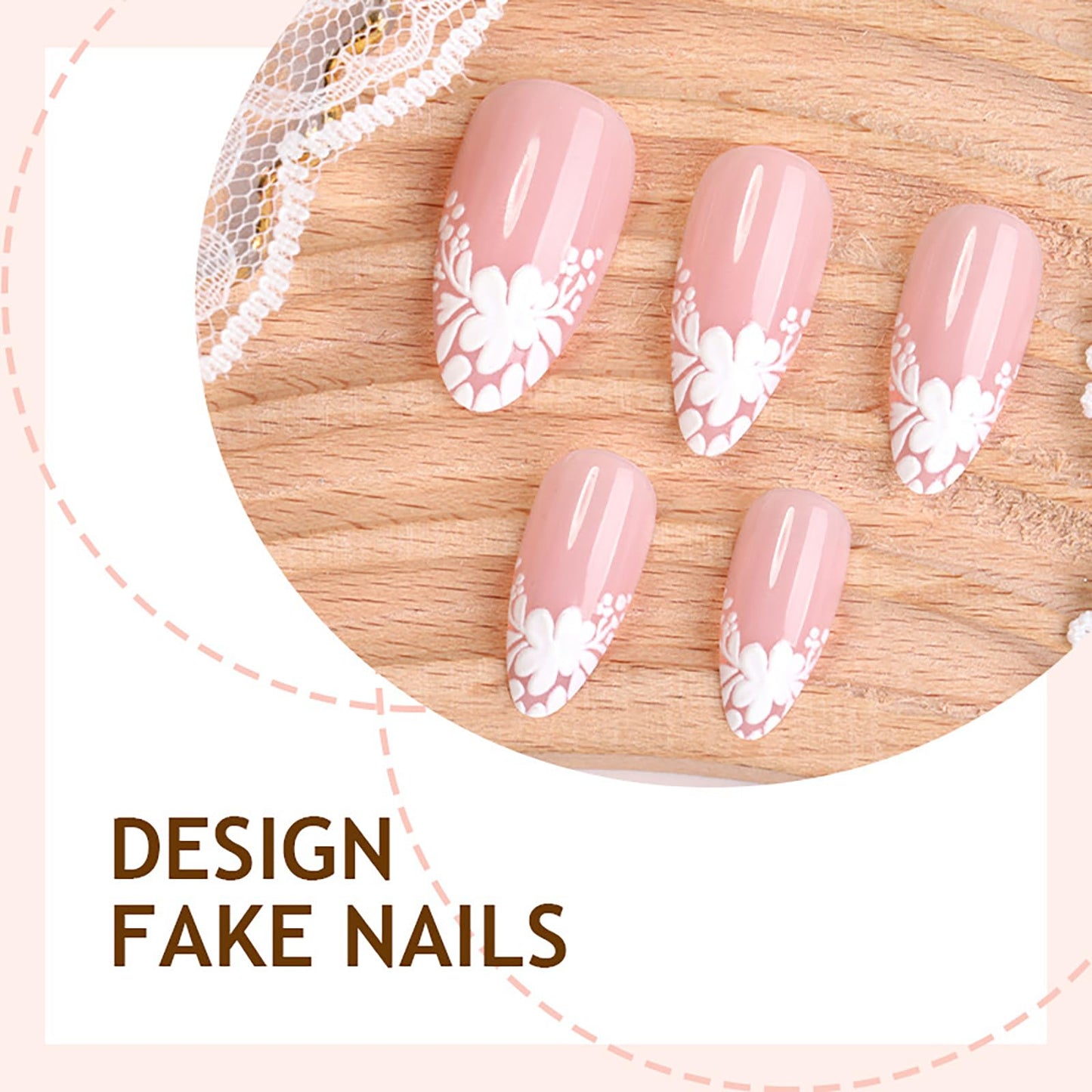 Short Almond Press on Nails With Flower French Tip Oval Nude Pink Fake Nails Press ons Acrylic Nails False Nails Full Cover Artificial Stick on Nails for Women Girls 24 Pcs