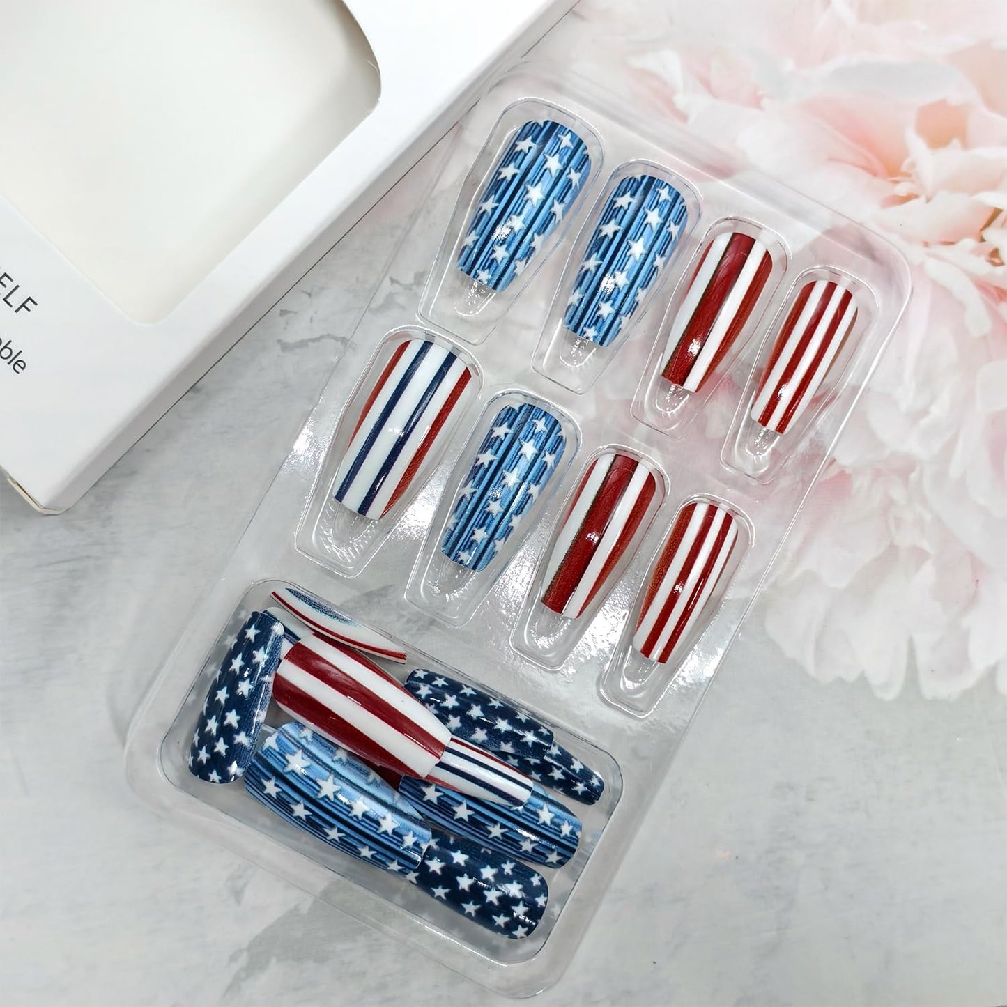 24Pcs Independence Day Press on Nails Medium Length Fake Nails Lines with Stars Fireworks False Nail Ballet Shaped 4th of July Stick on Nail Glue on Artificial Fingernails for Women Holiday Manicure