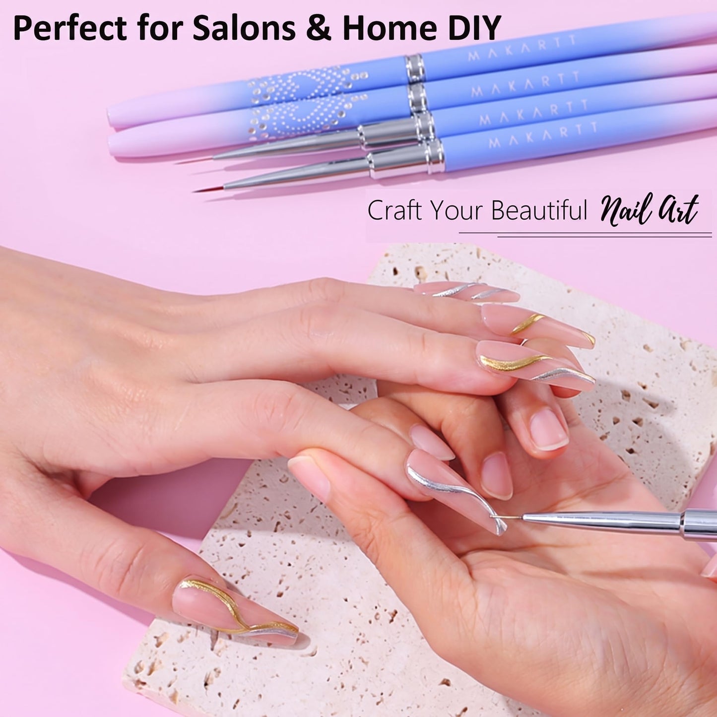 Makartt Nail Art Brushes Set: 5pcs Liner Brushes 7/9/11/15/25mm Thin Nail Art Design Brush with Cap Nail Polish Brush for Builder Gel 3D Nail Gel French Tip Tool Nail Painting