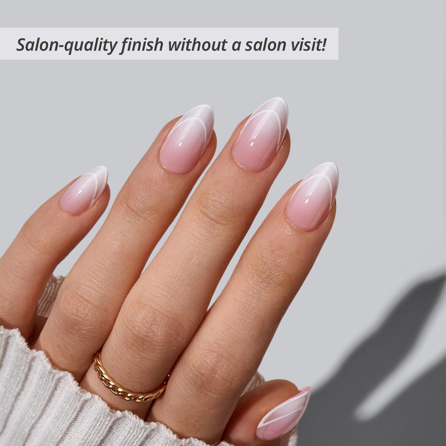 BTArtbox French Tip Press On Nails - Gentle Care, Lamp-Curable 4-Week Wear Pink Ombre Short Almond Press On Nails with Glue and Adhesive Tabs, Easy-to-Apply in 16 Sizes - 32 Nails All-in-One Kit