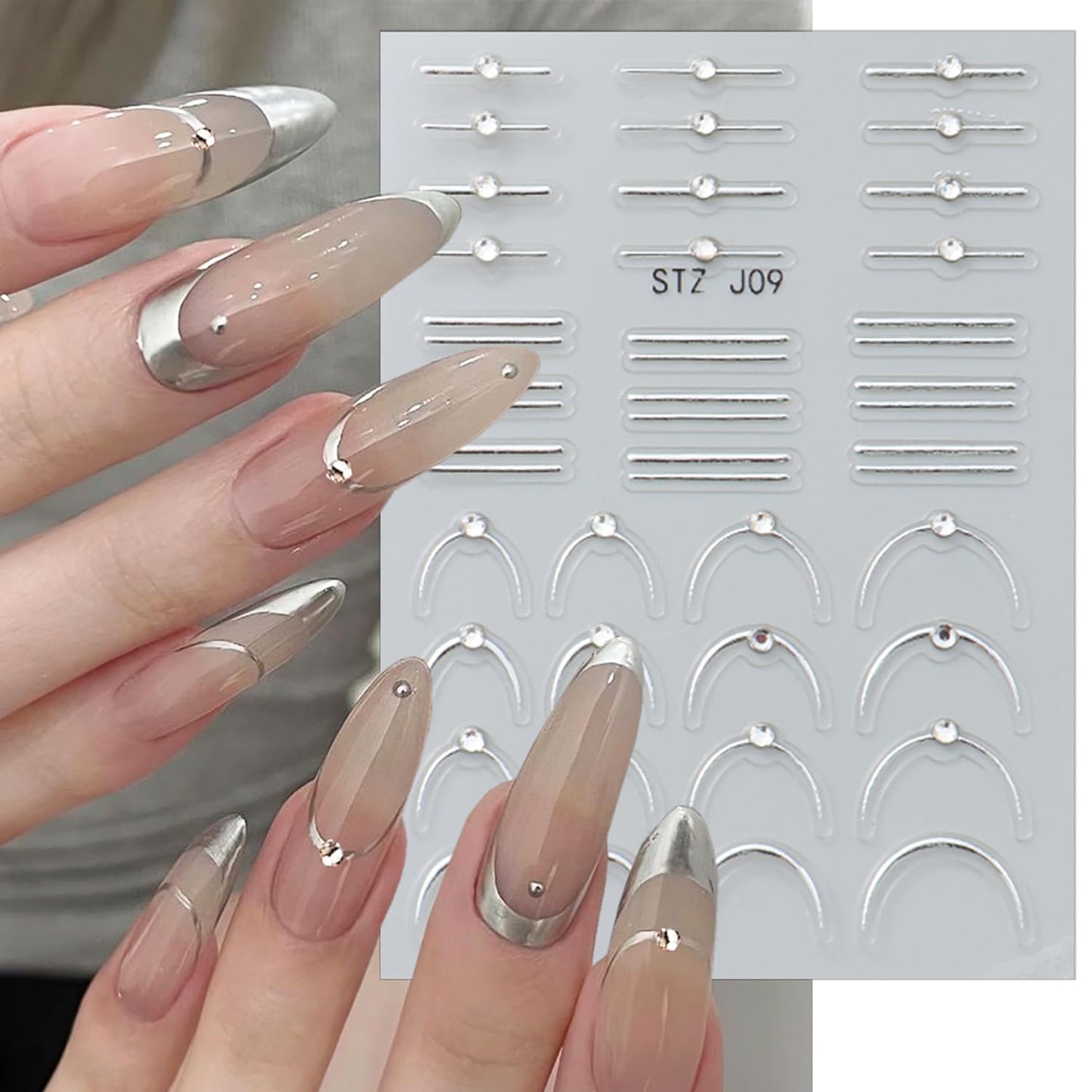 2 Sheets French Tip Nail Stickers for Nail Art Gold Silver French Nail Art Stickers with Crystal Diamond 5D Self-Adhesive Nail Supplies Embossed Line Nail Decals for Women DIY Manicure Decoration