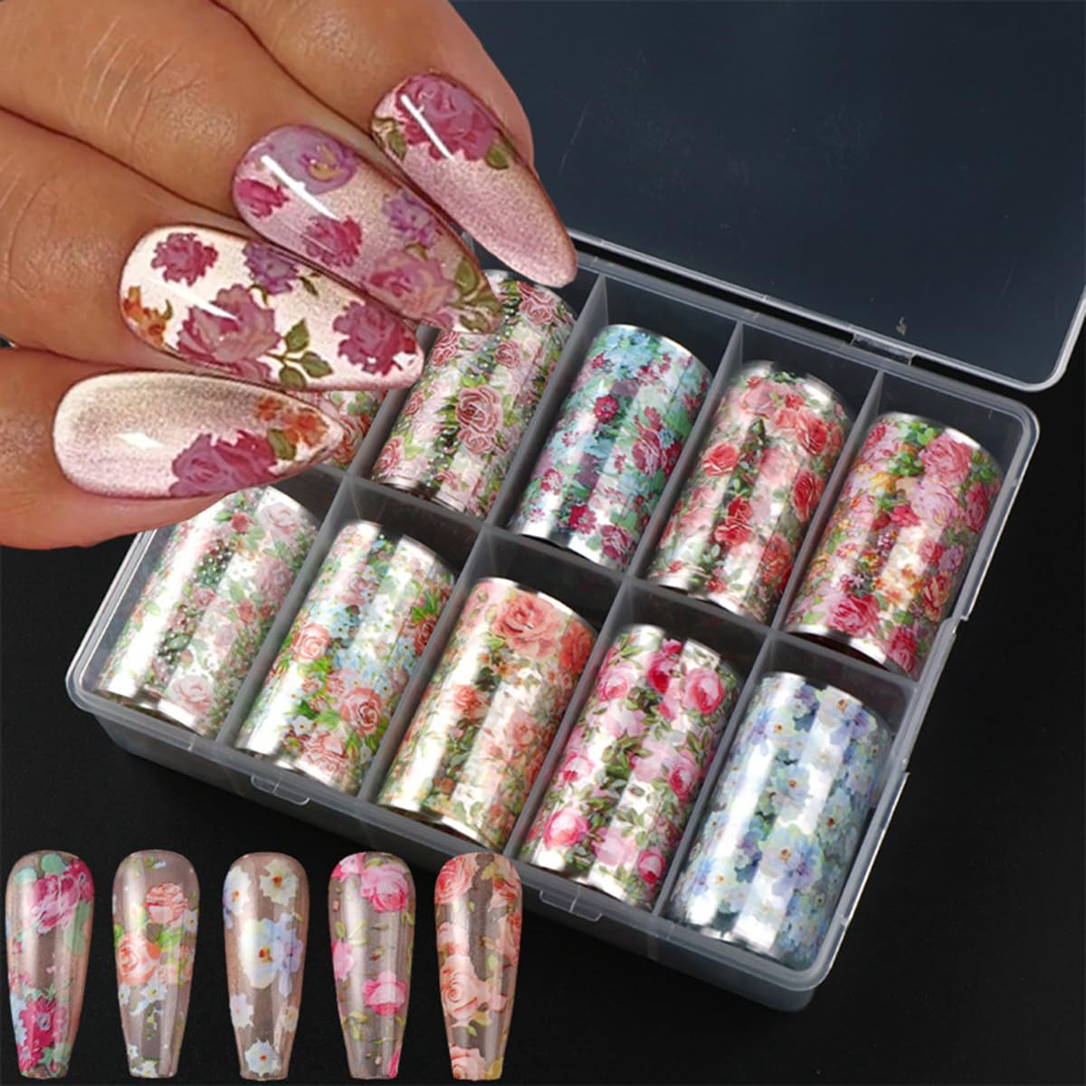 Flower Nail Art Foil Transfer Stickers Spring Flowers Nails Foils Transfer Decals Flower Nail Decals Nail Art Supplies Starry Sky Paper Nail Adhesive Transfer Slider for Women Manicure Nail Decoration