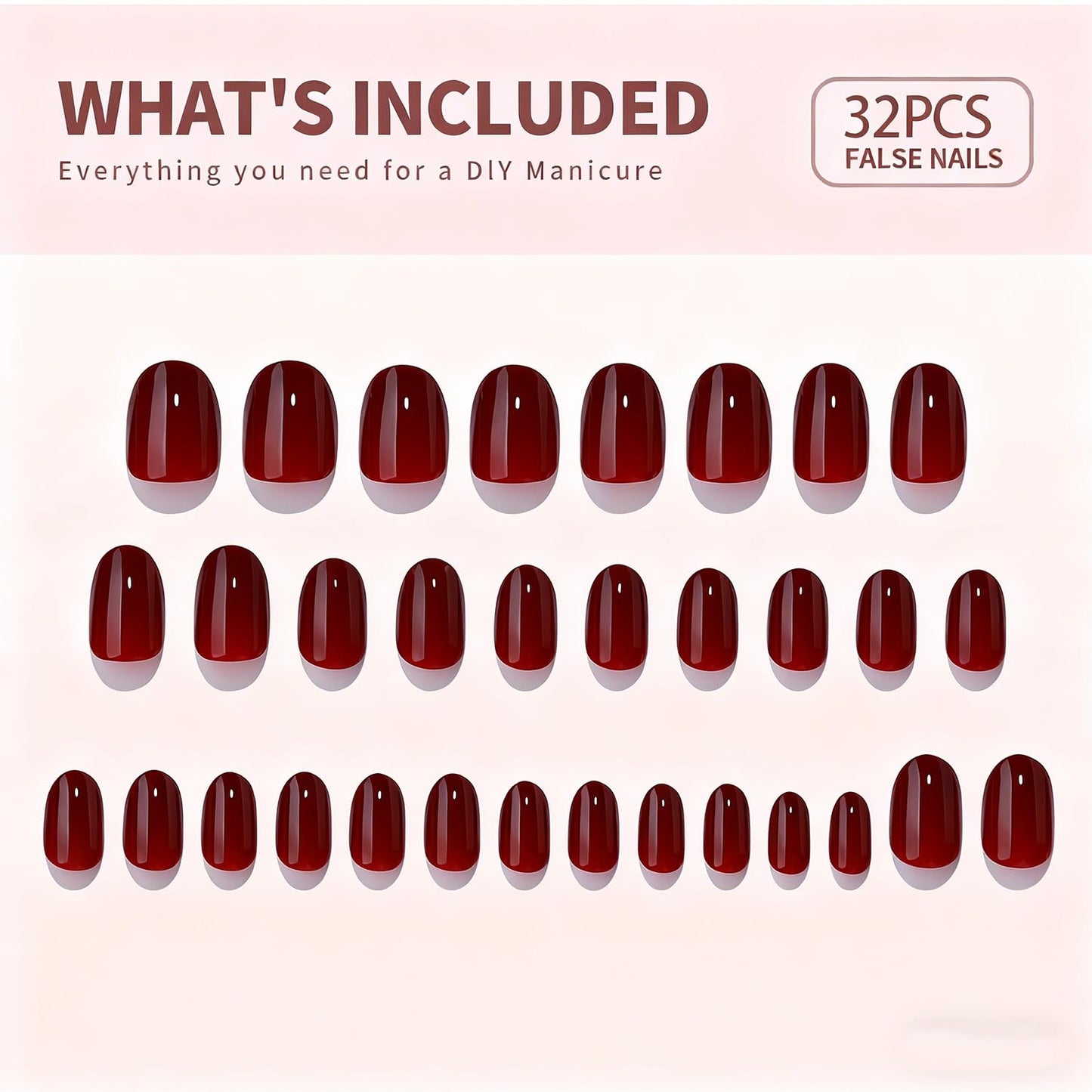 Wine Red Press on Nails Luxury Muti-Layer Gel Solid Color Fake Nails Thickened Acrylic Nail Designs Short Almond Stick on Nails Full Cover Pure Color False Nail for Women DIY Manicure Art 32 Pcs