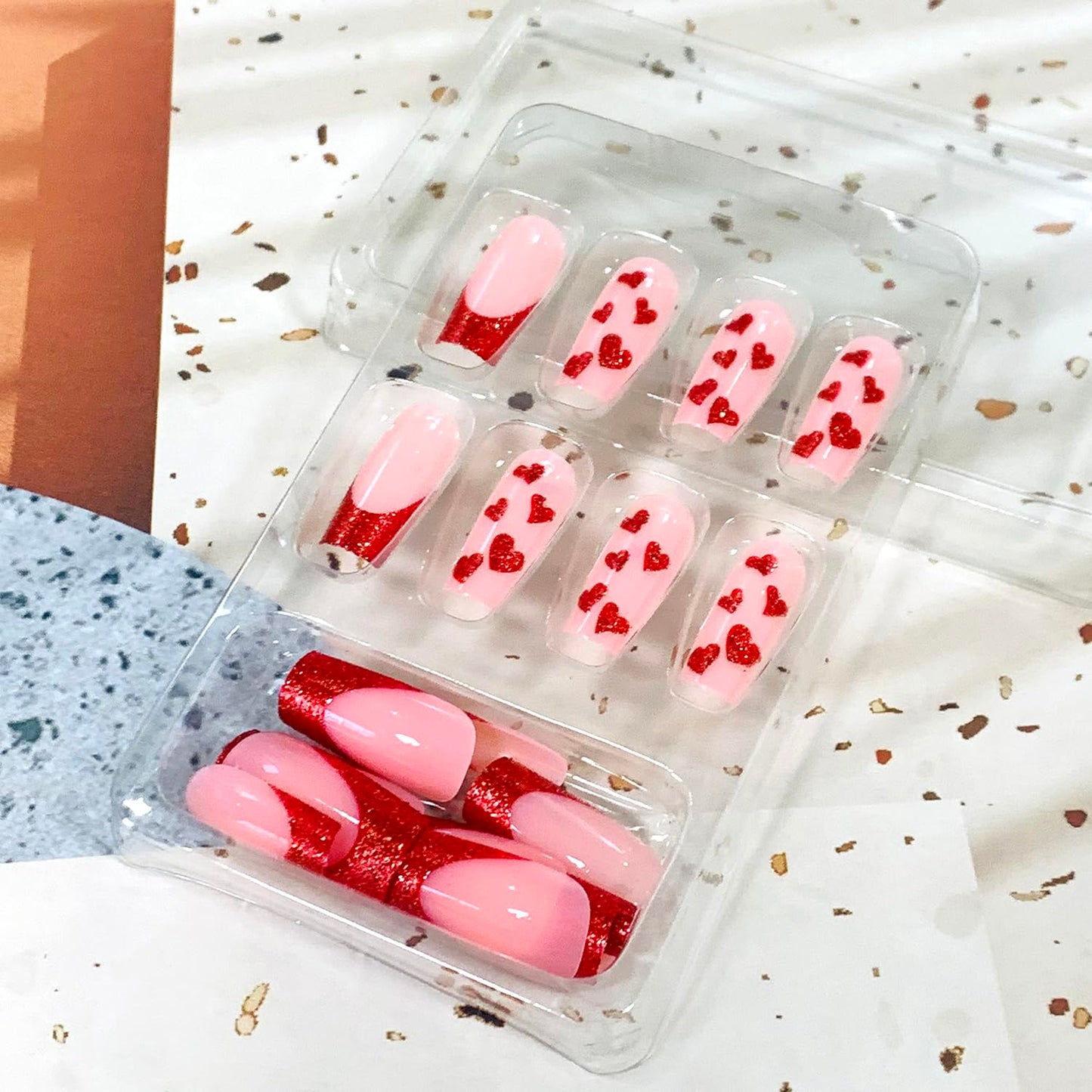 Red Heart French Tip Square Medium Press on Nails 24Pcs Glossy Full Cover Artificial Fake Nails with Designs Acrylic Coffin False Nails Sets Women Glue Stick on Fingernails with Charm