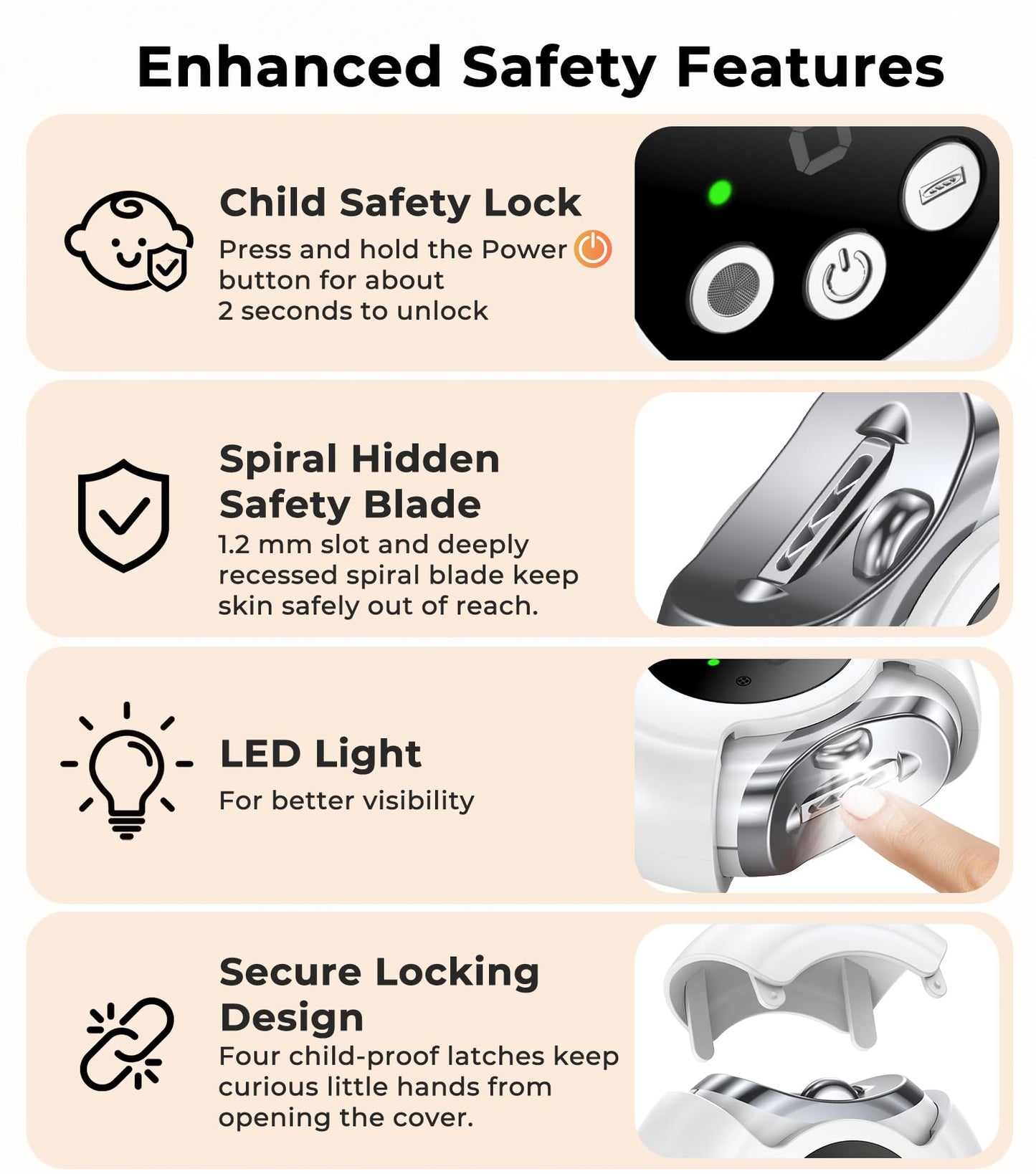 Electric Nail Clippers for All Ages, Rechargeable Safety Grinder, Pinch-Free Auto Trimmer with Debris Catcher, 3-Speeds Nail File and Polisher with LED Light, Quiet Care for Baby, Seniors and Adults