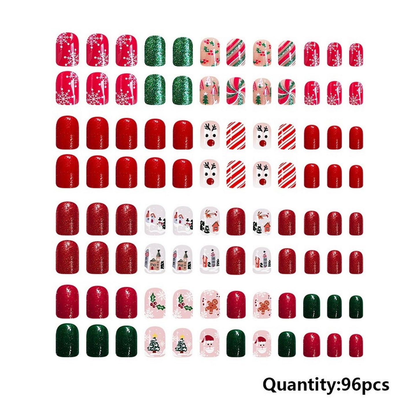 Christmas Press on Nails Kit 96 Pcs Short Square Fake Nails 4 Style Cute False Nails with Reindeer Snowflake Xmas Tree Glitter Designs Red Glossy Glue on Nail Winter Acrylic Nails for Women Girls