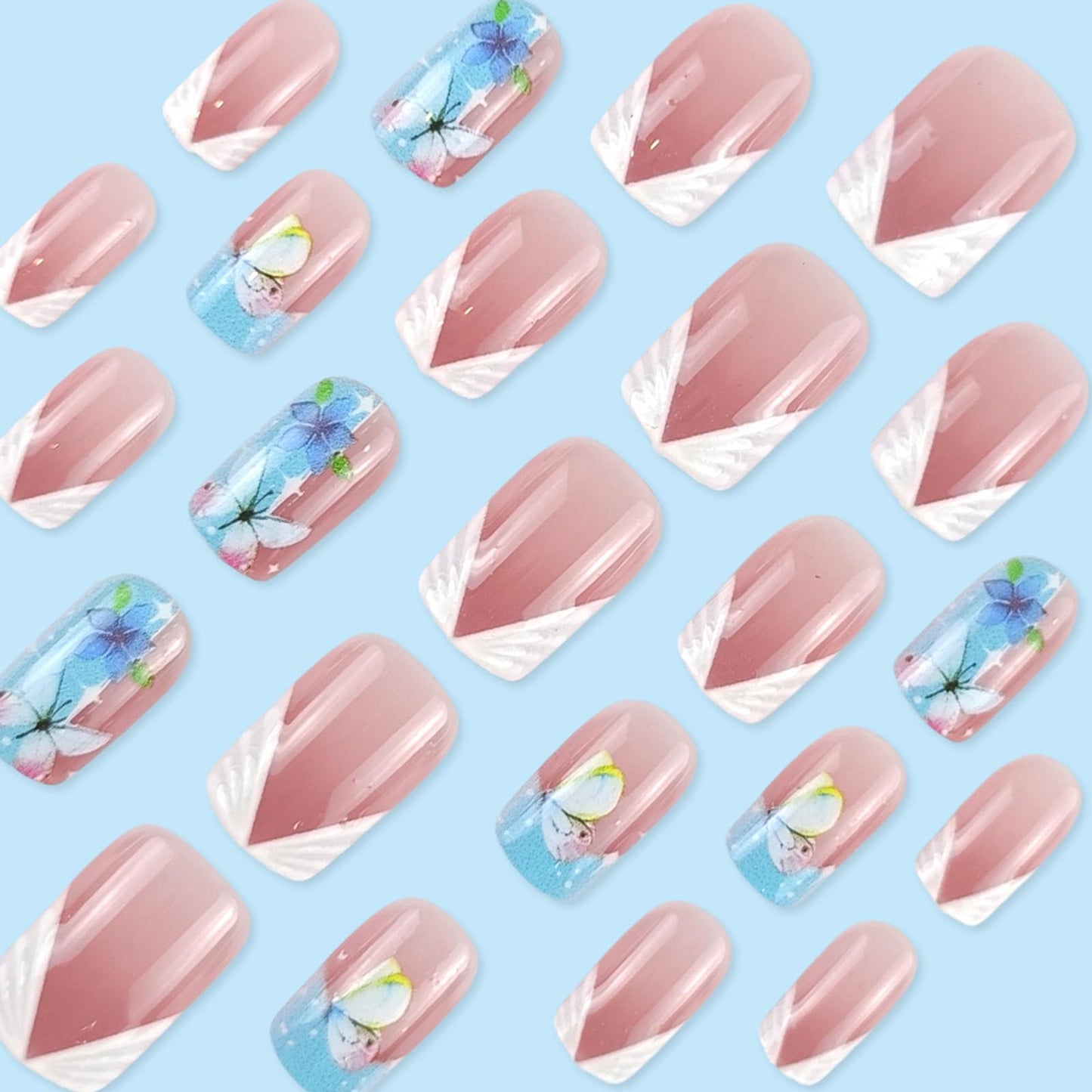 IMSOHOT Short Press on Nails Square White French Tips Fake Nails with Blue Butterfly Designs Full Cover Glossy Squoval False Nails Stick on Fingernails Gel Glue on Nails for Women Girls 24Pcs