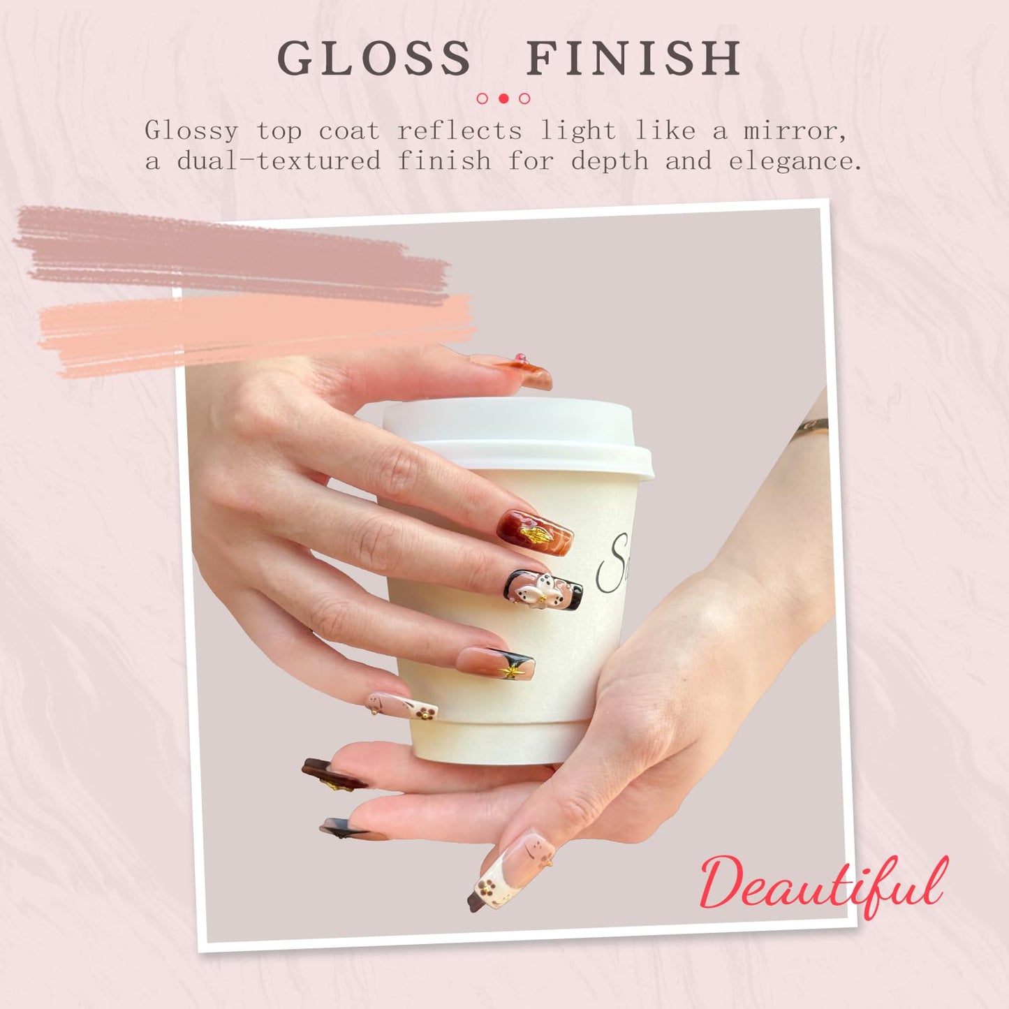 Handmade Long Square Press On Nails - 3D Flower & Cherry French Design, Reusable Acrylic Full Cover Nails (S-10PCS)