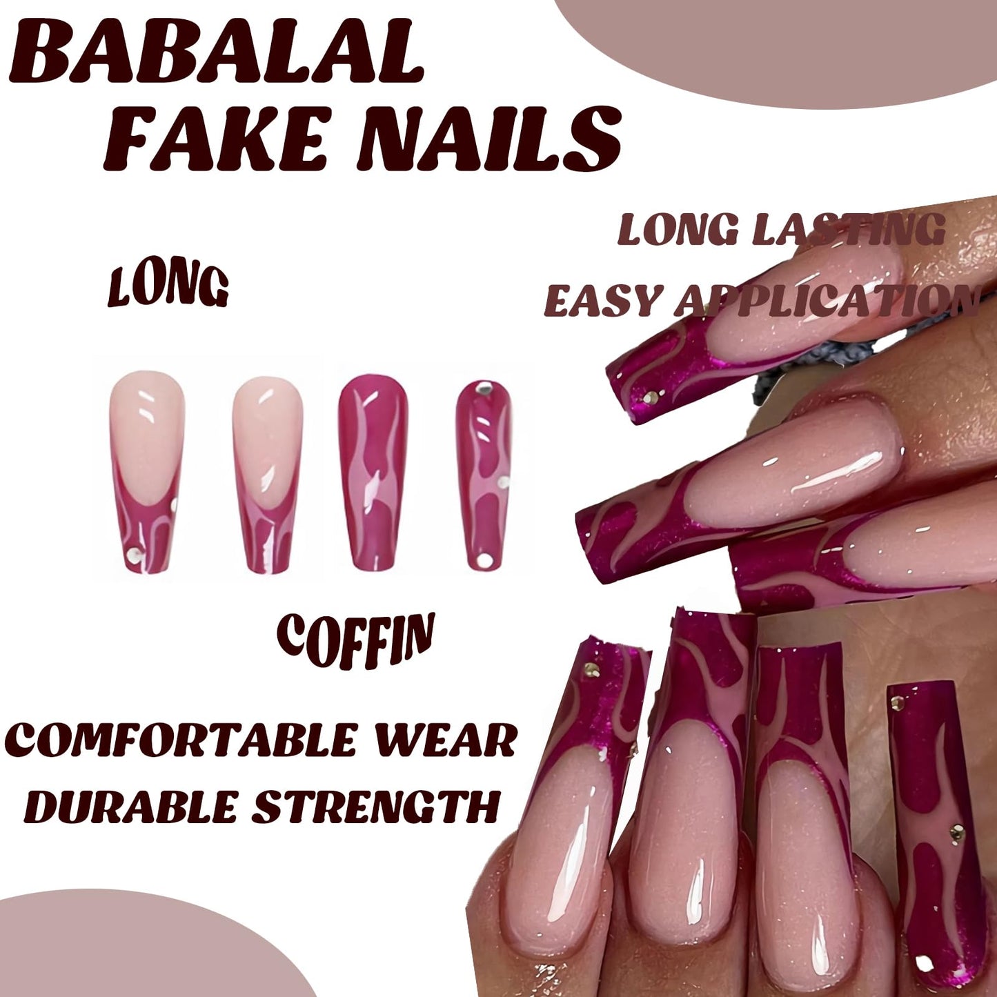 BABALAL Long Coffin Ballerina Press on Nails, Pink French Acrylic Glue on Nails with Shiny Rhinestone Chrome Glitter 24 Pieces for Women and Girls