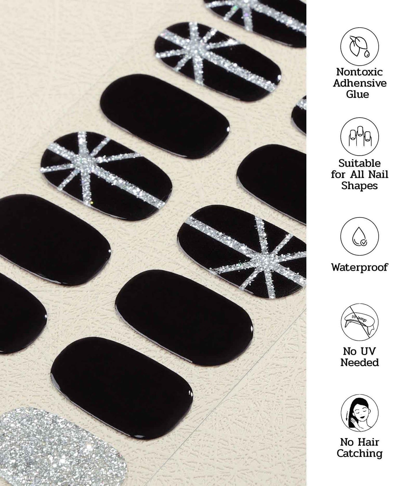 ruyeefam Nail Polish Strips (No UV Lamp Needed) - 22 Pcs Salon Quality Gel Nail Stickers - Long Lasting Wraps (Saint Black Glitter)