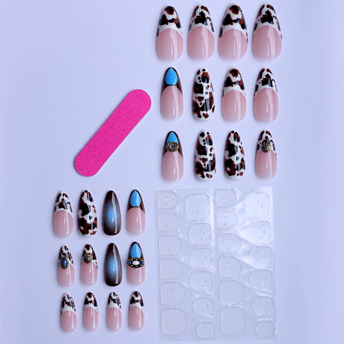 octoswave Press on Nails Long Almond, 24 Pcs Western Cowboy Brown Cow Print and Turquoise Design Fake Nails with Jelly Glue, Glossy French Nail Art for Daily Wear and Vacation, Reusable