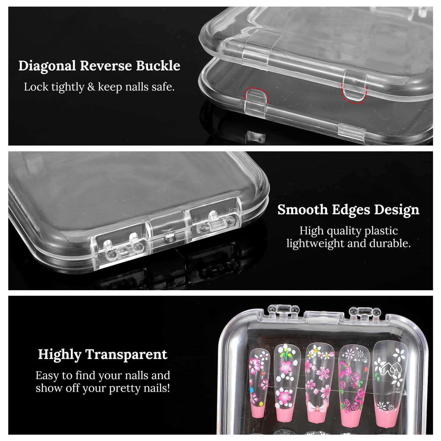 Molain 40 Pcs Clear Press on Nail Packaging Boxes Case with 10M Tape, Plastic Fake Nail Display Organizer Container for Storage Salon Business Jewelry 2.95x2.95 Inch