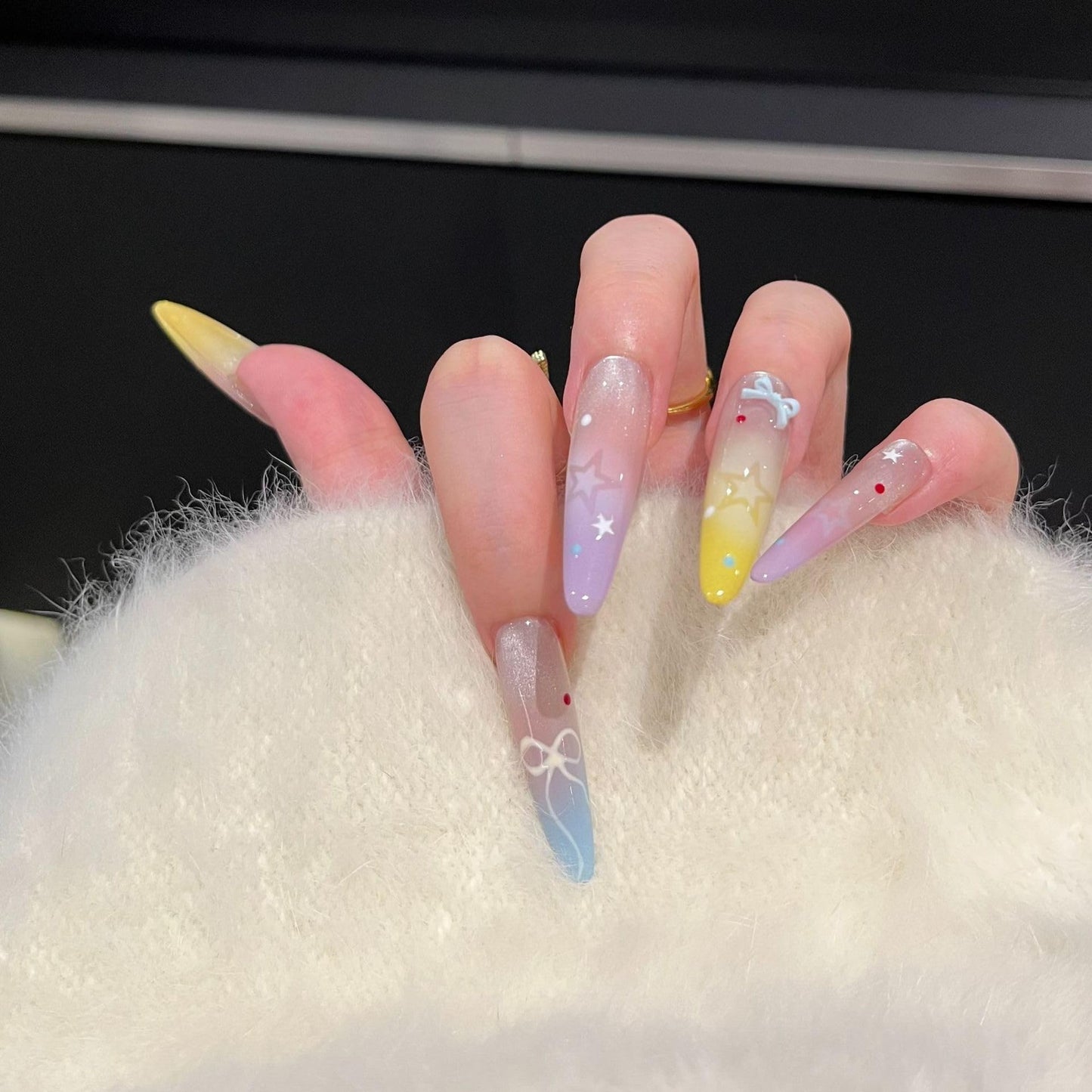 Dreamy Pastel Ombre Press On Nails, Star & Bow Embellished Extra Long Stiletto Fake Nails, Reusable Manicure Set (M)