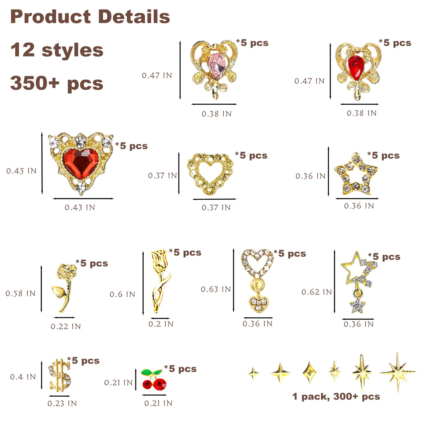 ZAKCBEAUR 350 Pcs Gold Nail Charms with Stars, Hearts, Dollars, Cherries, Roses for Women Nail Art Decoration DIY Craft
