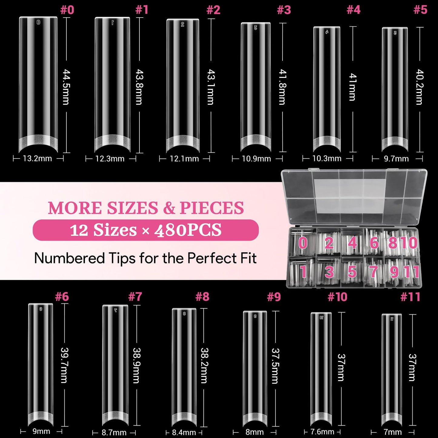 Qiek 480pcs Extra Long Square Half Cover Nail Tips, No-File Pre-Buffed Extension Nail Tip, 12 Sizes Clear Acrylic Press On Tips, Thin Back No C Curve for DIY Nail Extensions & Home Salon Beginners