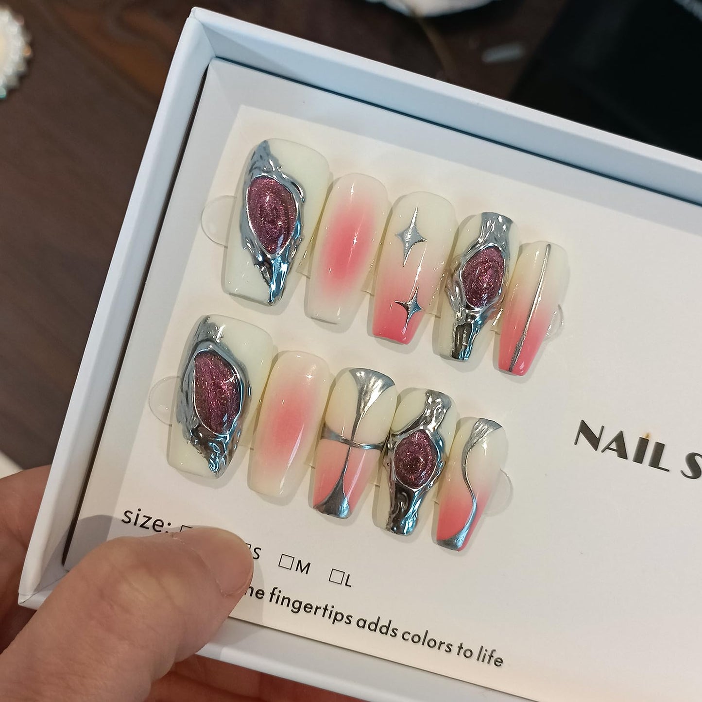 TENPAL 10pcs Coffin Press-On Nails Kit,Punk Metal Glam False Nails with Airbrush Blush Designs,Cat Eye Edgy Gradient Pink Nails with Rhinestones,Hip Hop Goth Chrome Fake Nails Set with Tools(XS)