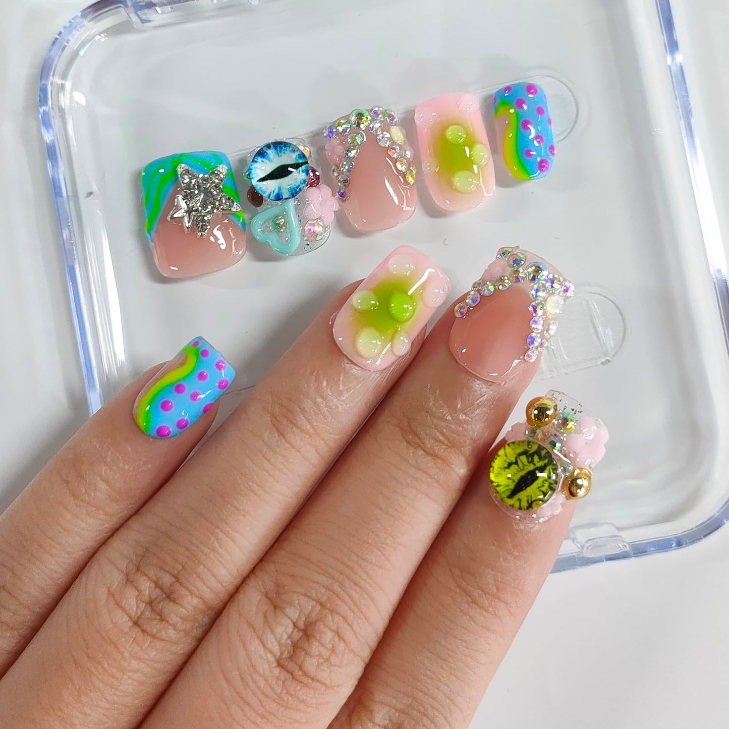 Handmade Press on Nails Short Square 3D French Tip Thick Acrylic Fake Nails Y2K False Nails with Polka Dots Eyes Charms Rhinestones Stars Water Drop Designs Sturdy Nail Art Press on Nails 10Pcs(M)