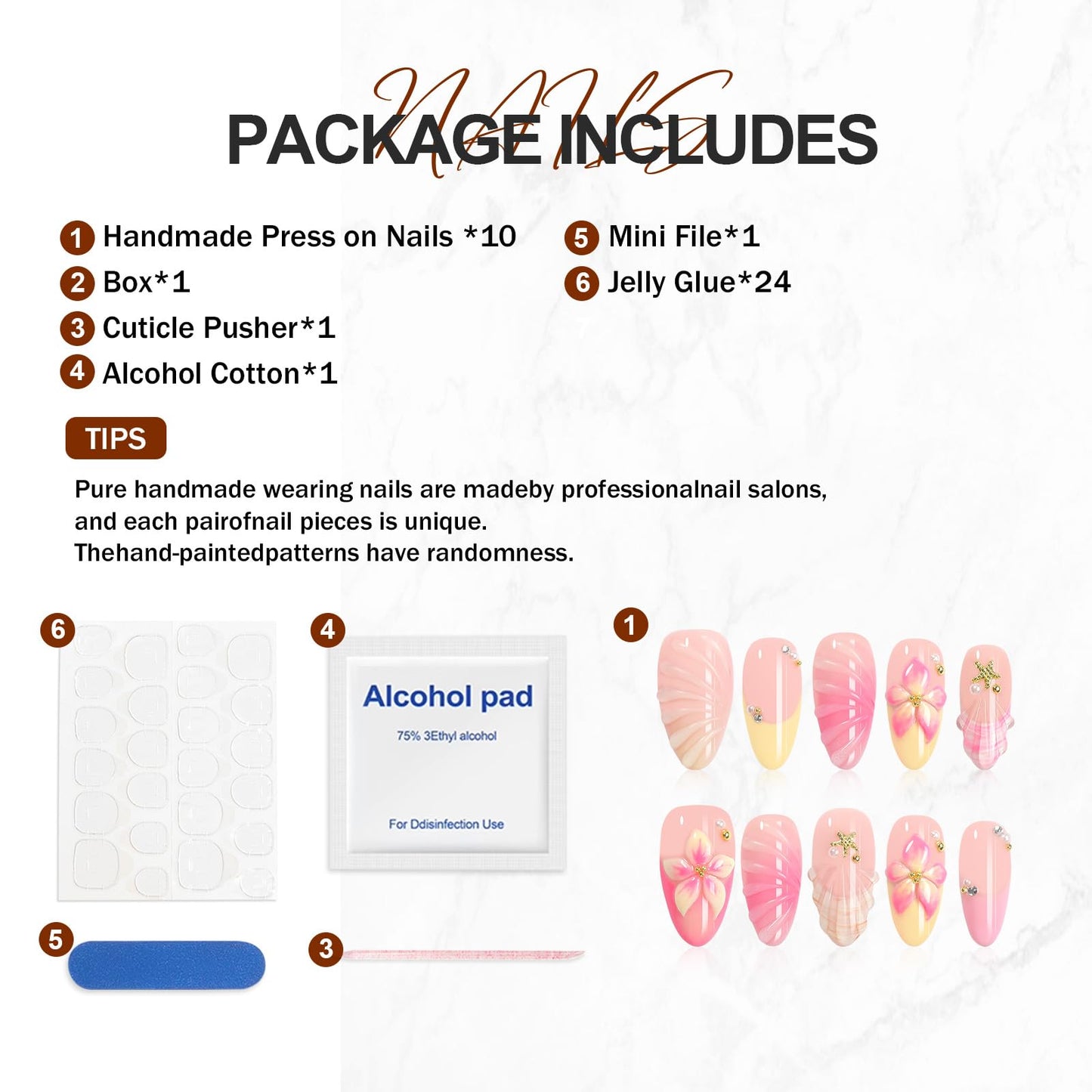 HOMSERA Handmade Press on Nails Almond with French Tips, 3D Flowers Pearl Water Ripple Design Fake Nails, Summer Beach 10pcs Acrylic Nail Kit, Gifts for Women
