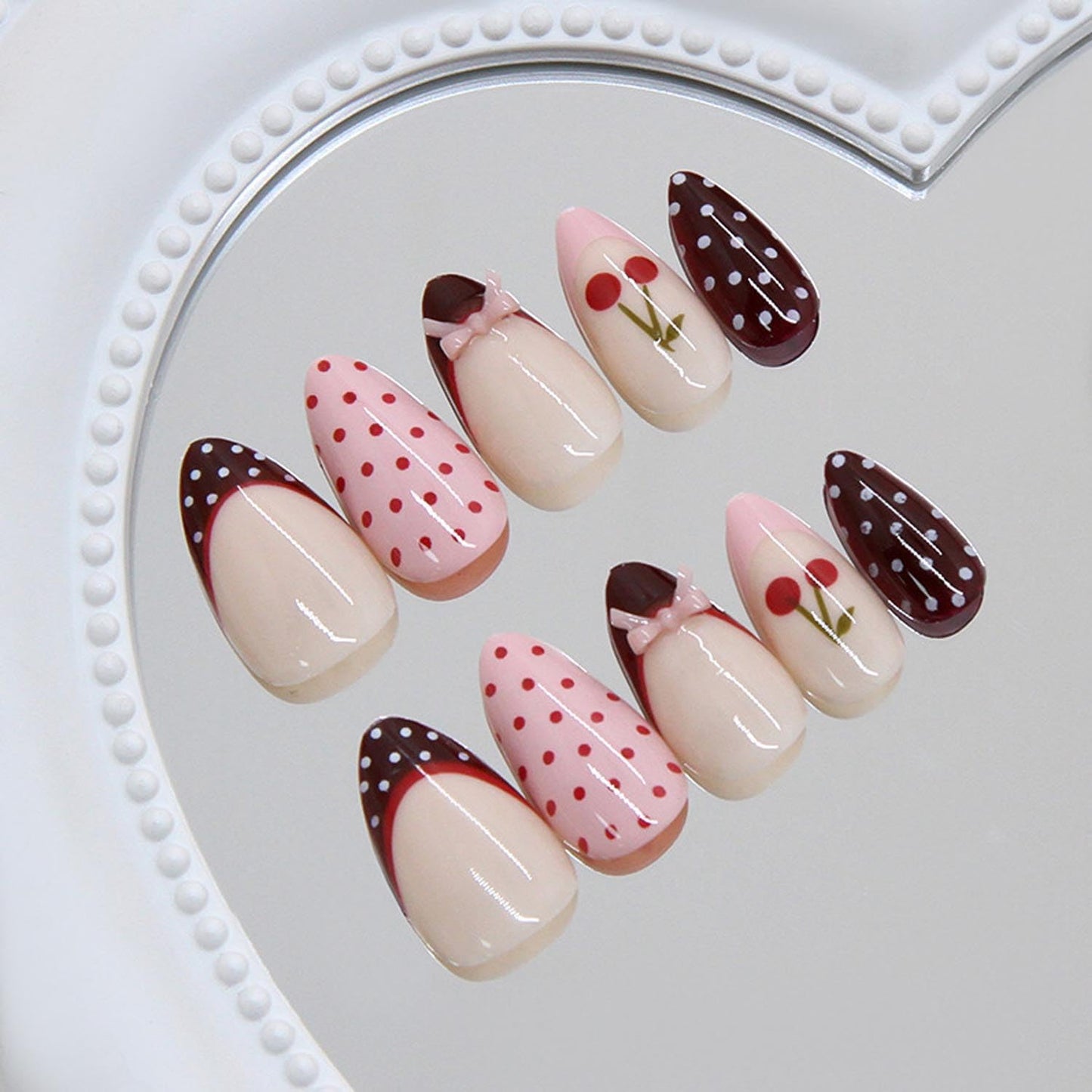 30Pcs Cute Pink Press on Nails Short Almond Fake Nails with French Polka Dot Bow Cherry Pattern Design Nude Glossy Red French Nails Tip Full Cover Artificial Nails for Women DIY Nails Daily Wear