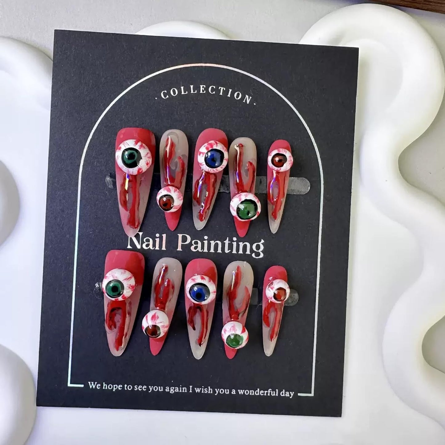 Handmade Press on Nails Halloween Nail Press on Nails Long Stiletto Fake Nails with Evil Eyes Design Red Blood False Nails Ombre Handmade Nails for Women Girls Holiday Manicure 10pcs Size L