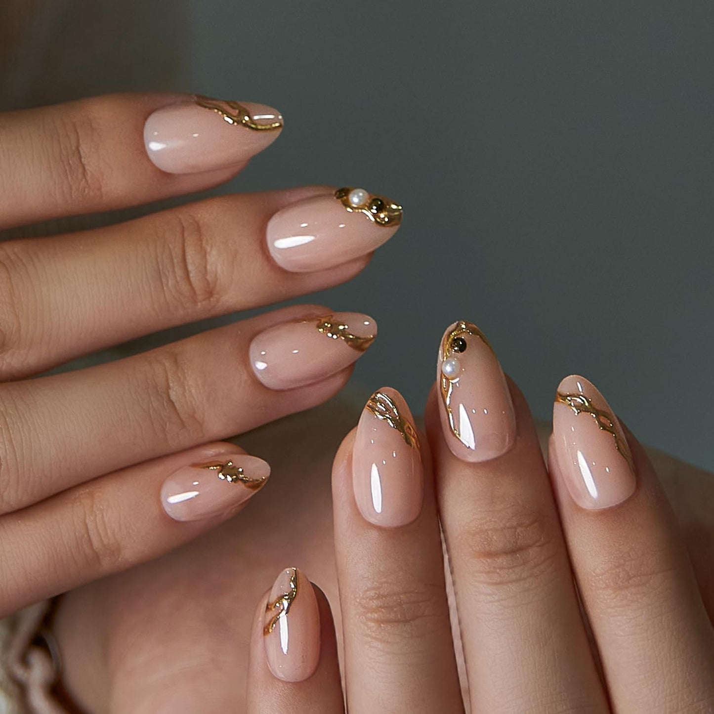 CurvLife Nude Almond Press On Nails with Gold 3D Lines, Medium Soft Gel Fake Nails with Pearl Accents, Nude Beige Gold Press On Nails for Women, Bridal Wedding Glue On Nails Kit, Salon Quality