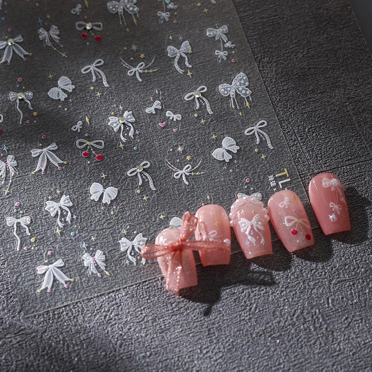 Bow Nail Art Stickers Iridescent Shimmer White Bow Nail Decals Cute Bow Stickers for Nails Designs 3D Self Adhesive Nail Art Supplies Charms for Women Girls DIY Manicure 1 Sheet