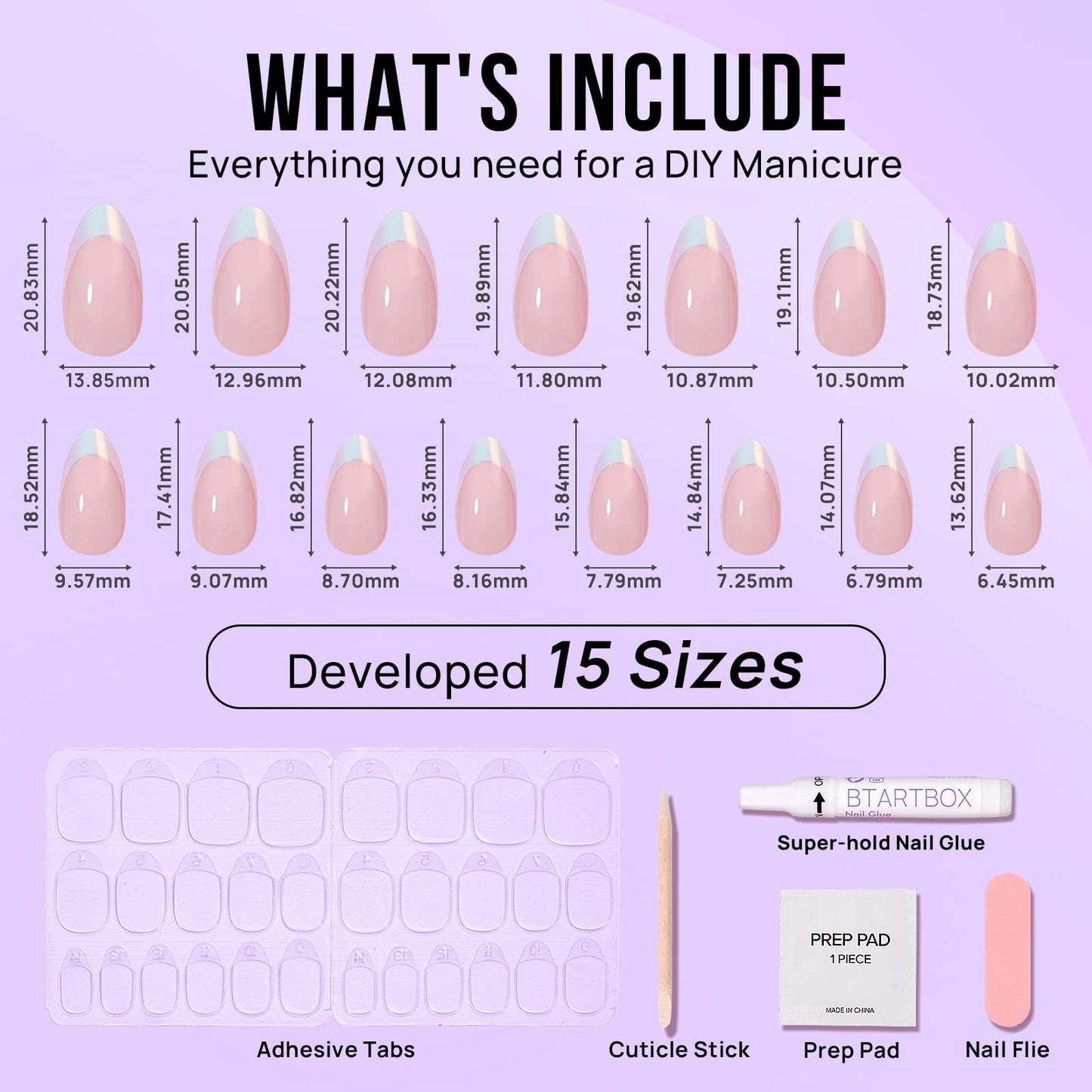 BTArtbox French Tip Press On Nails - White Press On Nails Almond, Short Fake Nails with Nail Glue, Fit Perfectly & Natural Reusable Stick on Nails in 16 Sizes, Mermaid