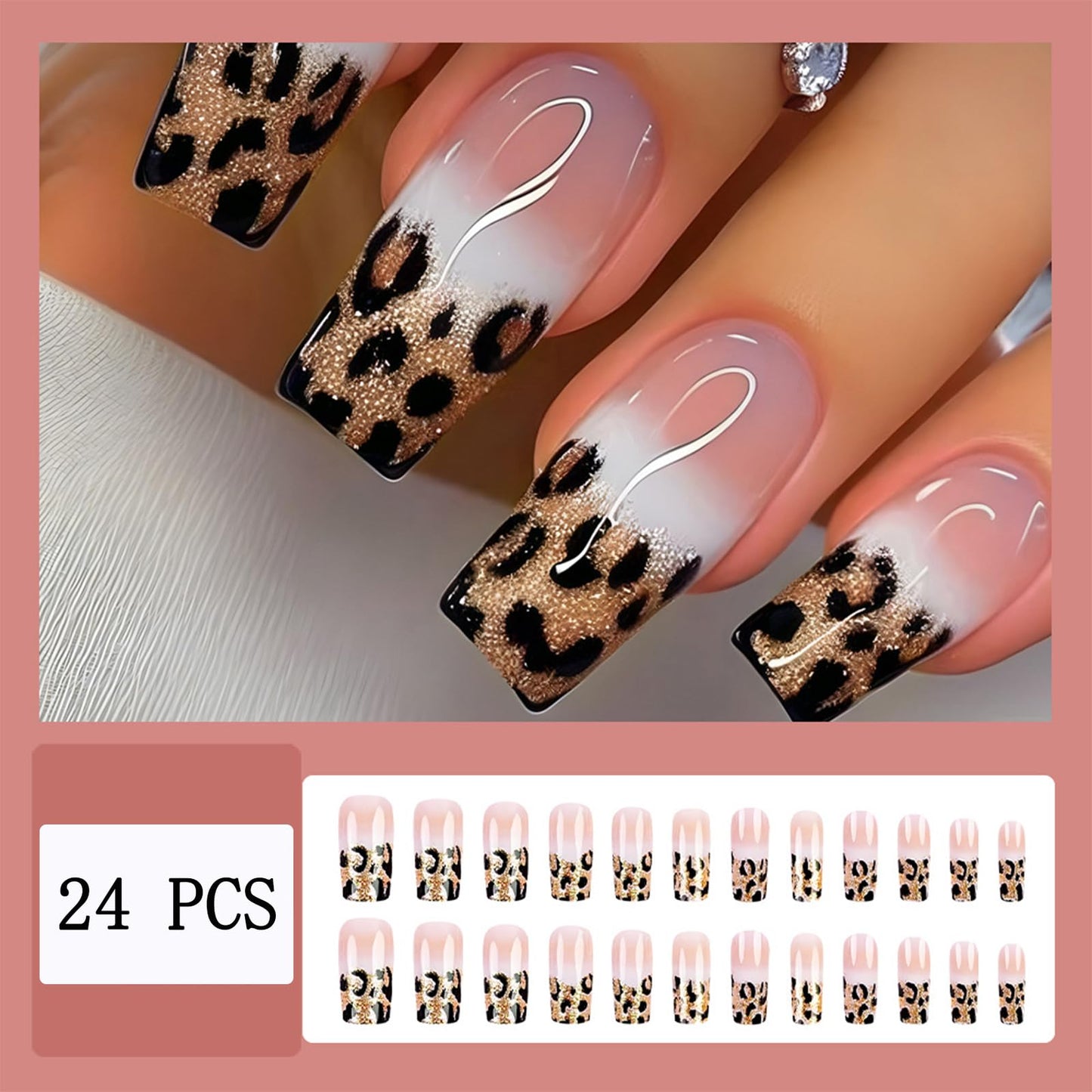 French Tip Leopard Print Press on nails Medium Square with Gradient Design Leopard Print Artificial Fake Nails Full Cover for Women Manicure 24 Pcs