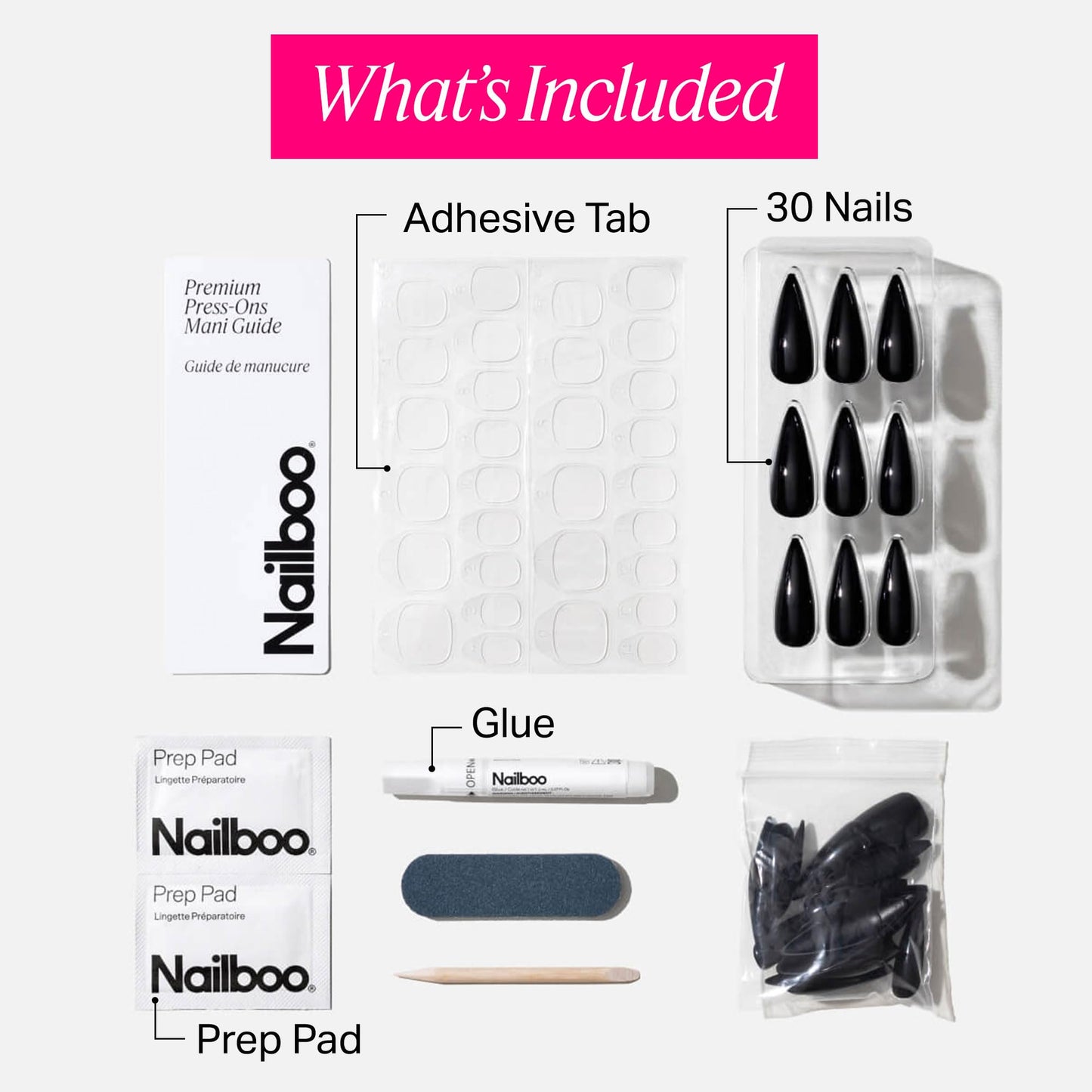 Nailboo Press On Nails, Salon-Quality Reusable Fake Nails for Fast DIY Manicure with Strong Hold Nail Glue for Press Ons, Nail File, & Alcohol Prep Pads, Dark Dreams, Stiletto