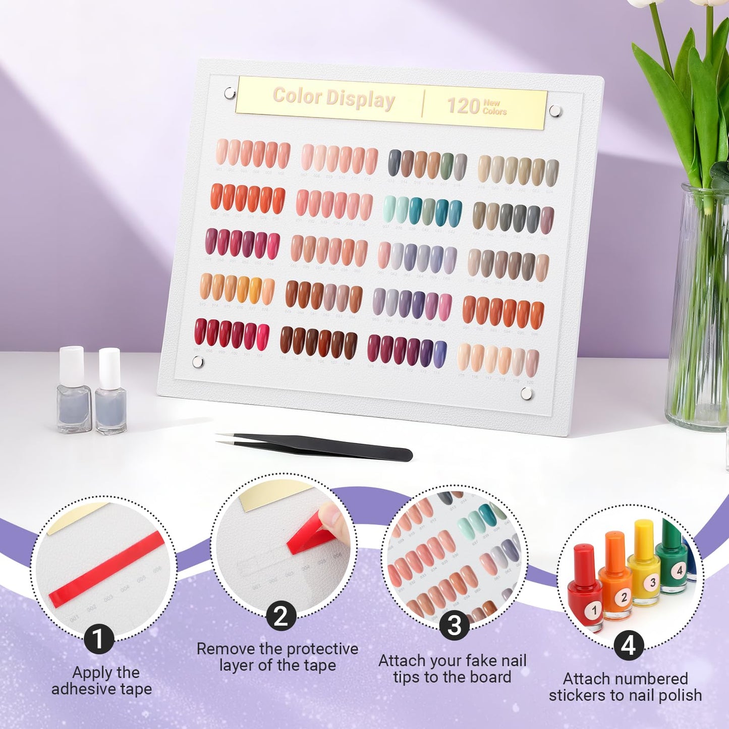 Segbeauty 168 Colors Acrylic Nail Art Display Board with Tweezer, Nail Display Polish Stand with False Fingernail Tips Double Sided Tape and Number Sticker, Showing Holder for Sample Display Practice