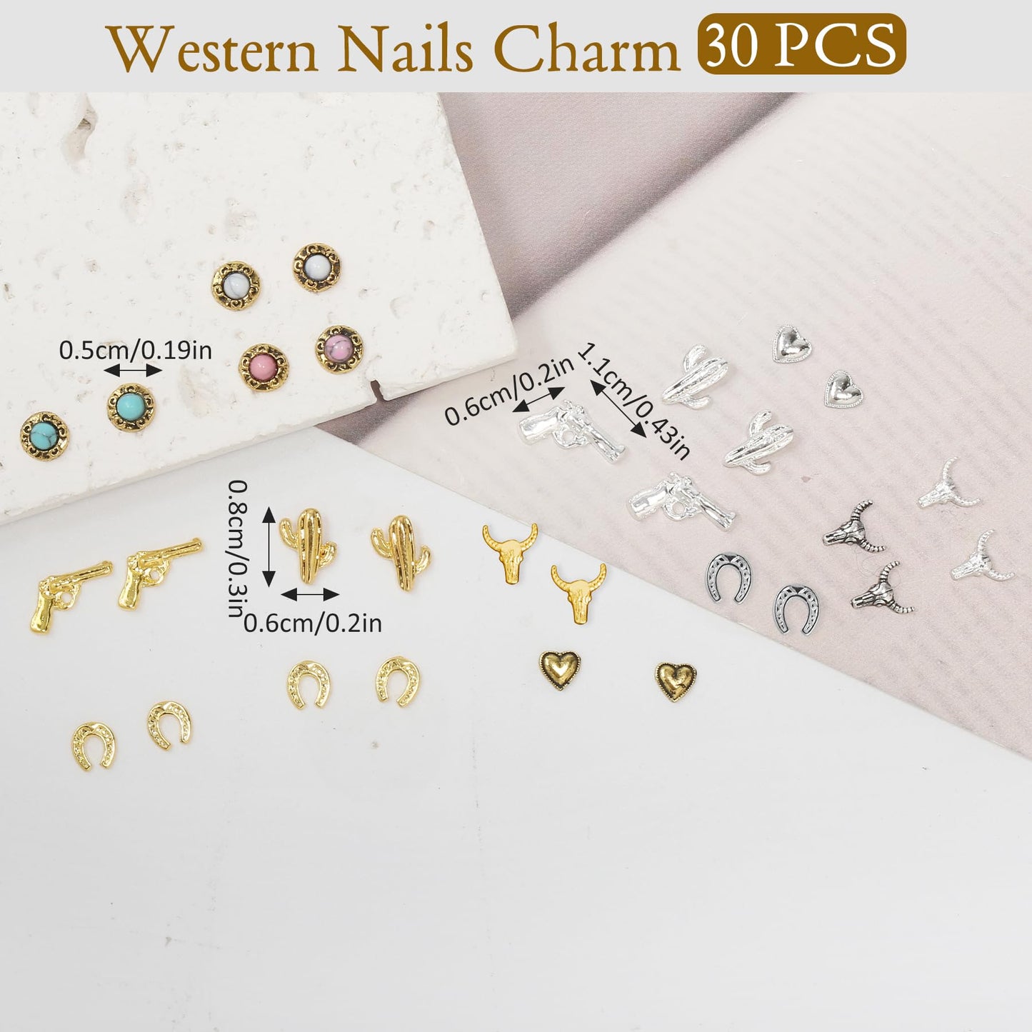 Ohmique 30 PCS Western Nail Charms - 3D Vintage Cowboy Cowgirl Nail Charms, Turquoise, Gold, Silver, Pink, Blue Retro Metal Gem Western Art Stickers Accessories for DIY