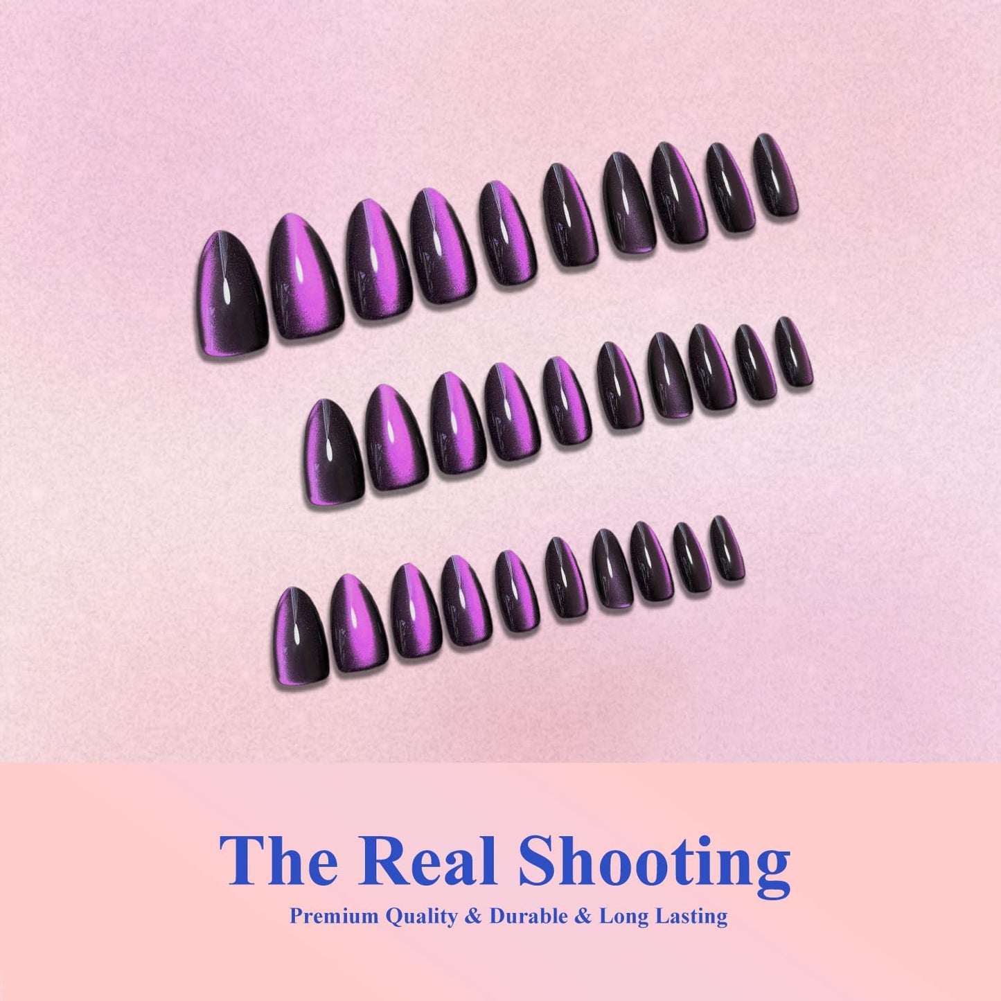 KQueenest Cat Eye Press On Nails Almond - Dark Purple Press On Nails Medium Stiletto, 30 Pcs 15 Sizes Glitter Fake Nails Press ons Black, Upgrade Thick Quality, Reusable Glue on Nail for Women Party