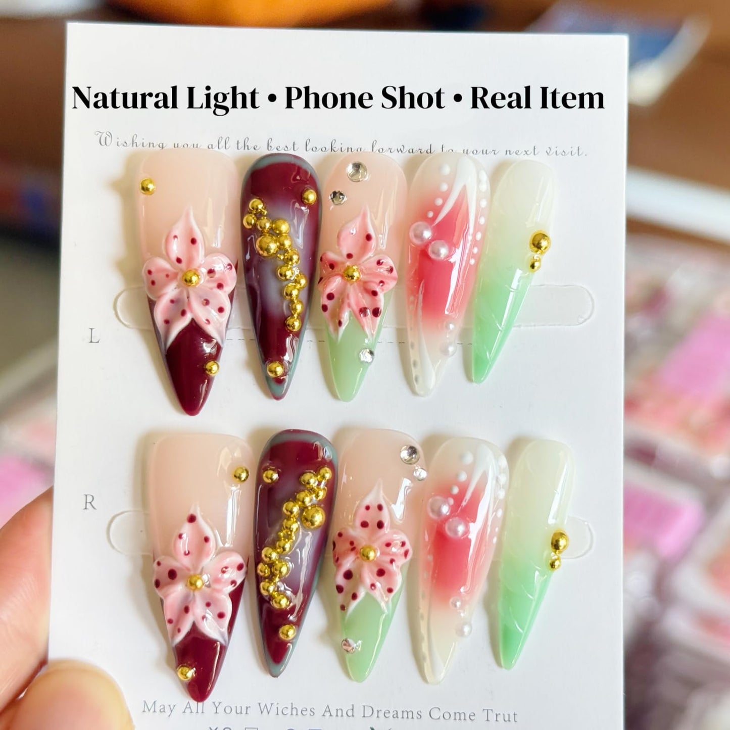 Haozerart Handmade Long Almond Press On Nails Set, Luxury 3D Floral Golden Pearl Design, Reusable Glue On Fake Nails, Salon Grade Artificial Nails for Women Girls, 10Pcs Medium Size