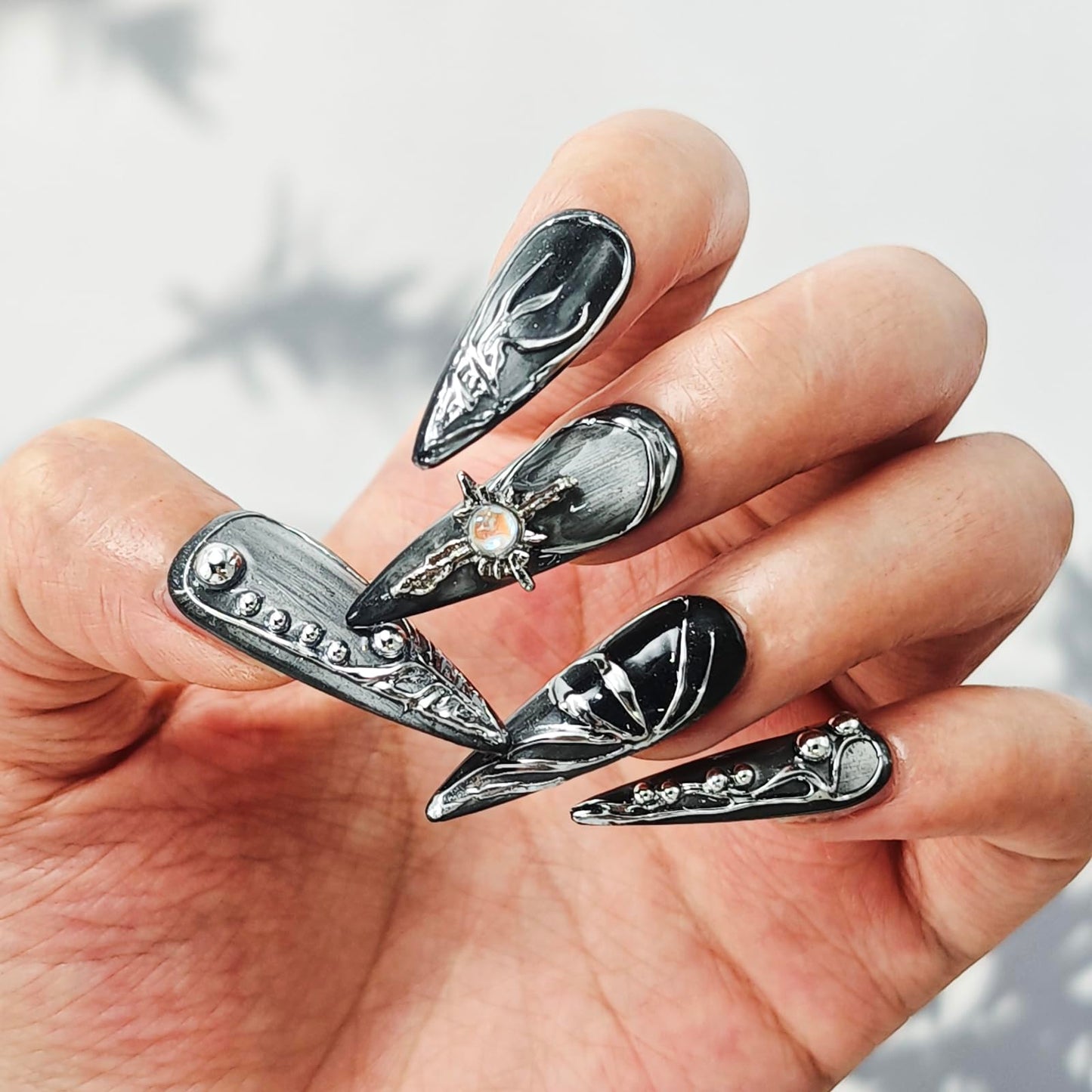 10Pcs Sliver Handmade Press on Nails Long Stiletto Fake Nails Halloween False Nails Muti-Layer Gel Acrylic Nails Press ons Handmade Stiletto Nail Full Cover Holiday Stick on Nail for Women (S)