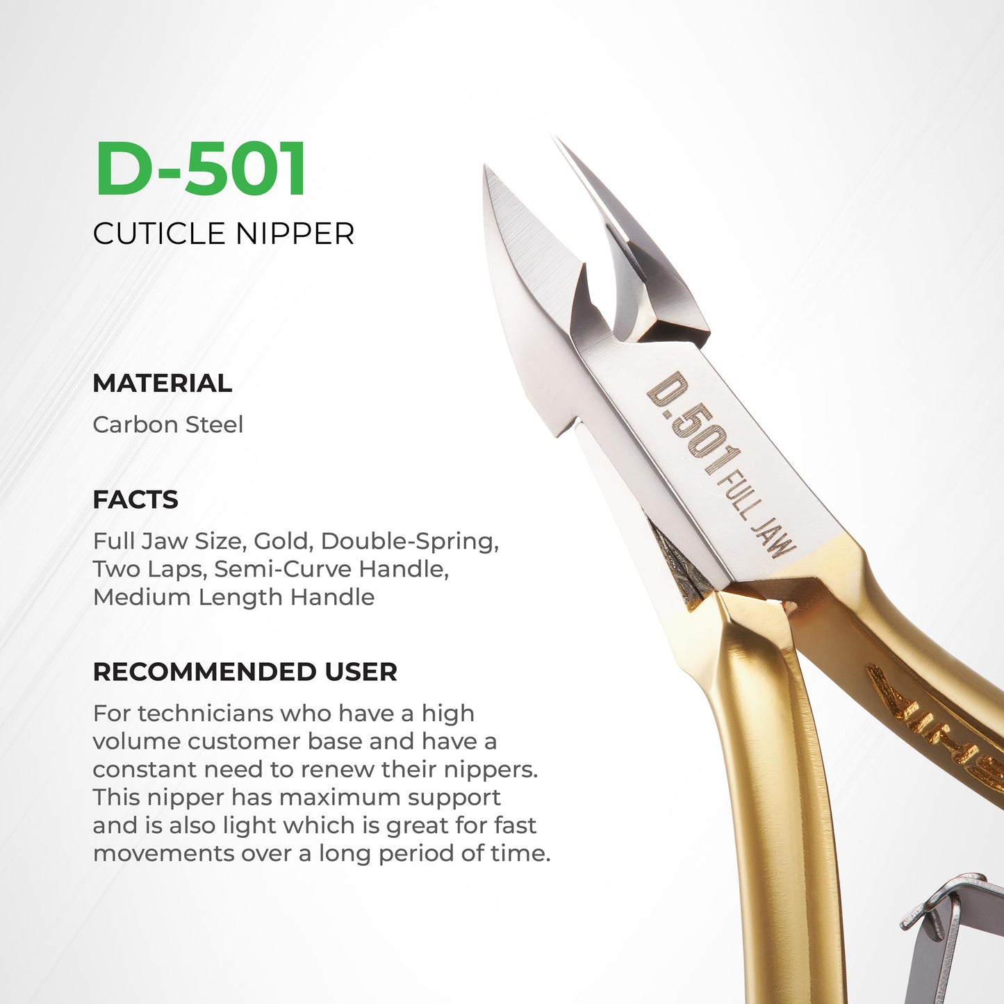 Professional Hard Steel Cuticle Nipper - D-501, Precision Nail Tech Nipper with Gold and Grey Plated Double Spring Jaws - Lap Joint Construction for Superior Performance.