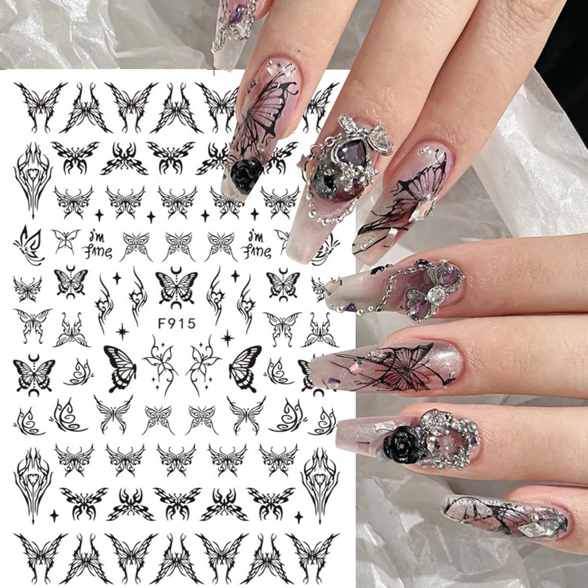 DZPGUONIZ 10 Sheets Black White Nail Art Stickers Snake Nail Decals Star Moon Star Rose Leaf Flame Nail Art Supplies Butterfly Acrylic Nail Supplies 3D Goth Snake Nail Design Stickers DIY Nail Decor