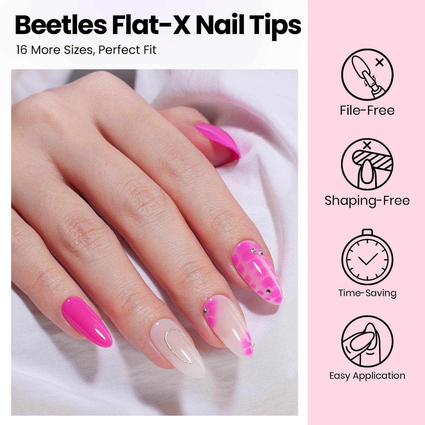 Beetles Gel Nail Kit Flat-X, Almond Medium, 320pcs 16 Sizes Nail tips, with 15g Solid Nail Glue Gel, 10ml Glue Remover, 7.5ml Base Gel, Mini Lamp, for Acrylic Press On Nail, Extension DIY Set at Home