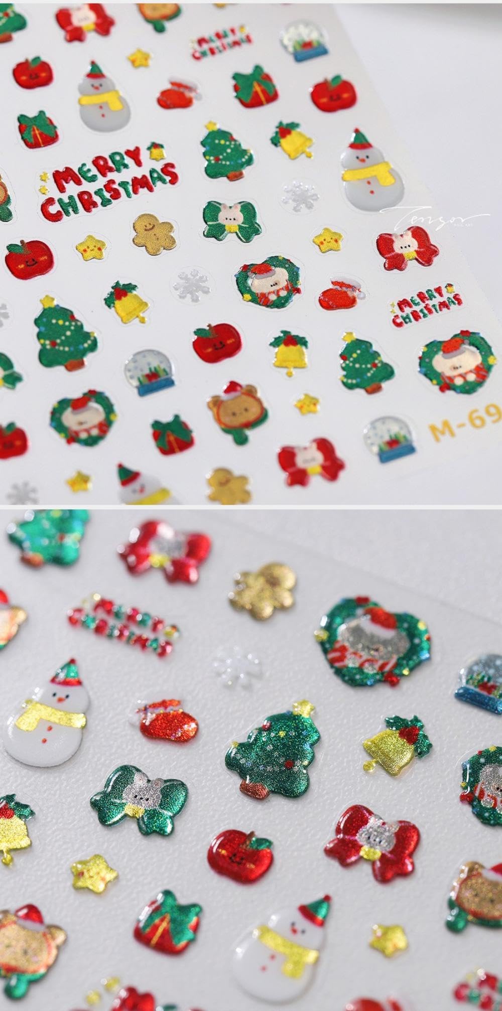 Christmas Nail Art Stickers 5D Embossed Cute Snowman Nail Stickers Self-Adhesive Christmas Eve Fruit Xmas Tree Stocking Nail Decals for Women Girls Winter Holiday Manicure DIY Nail Supplies