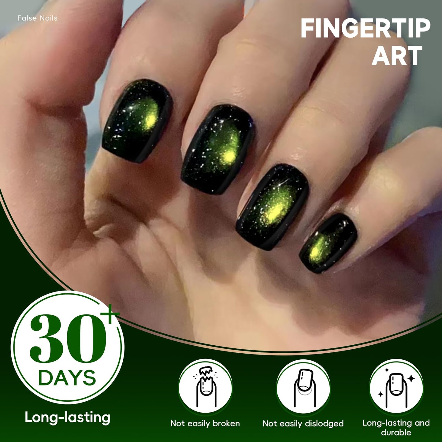 HOSAILY Green Cat Eye Press on Nails Short Square, Green Galaxy Fake Nails with Magnetic Shimmer Design, 24pcs Glossy Handmade Gel Glue on Nails Coffin, Salon Quality Stick on Nail Press ons for Women