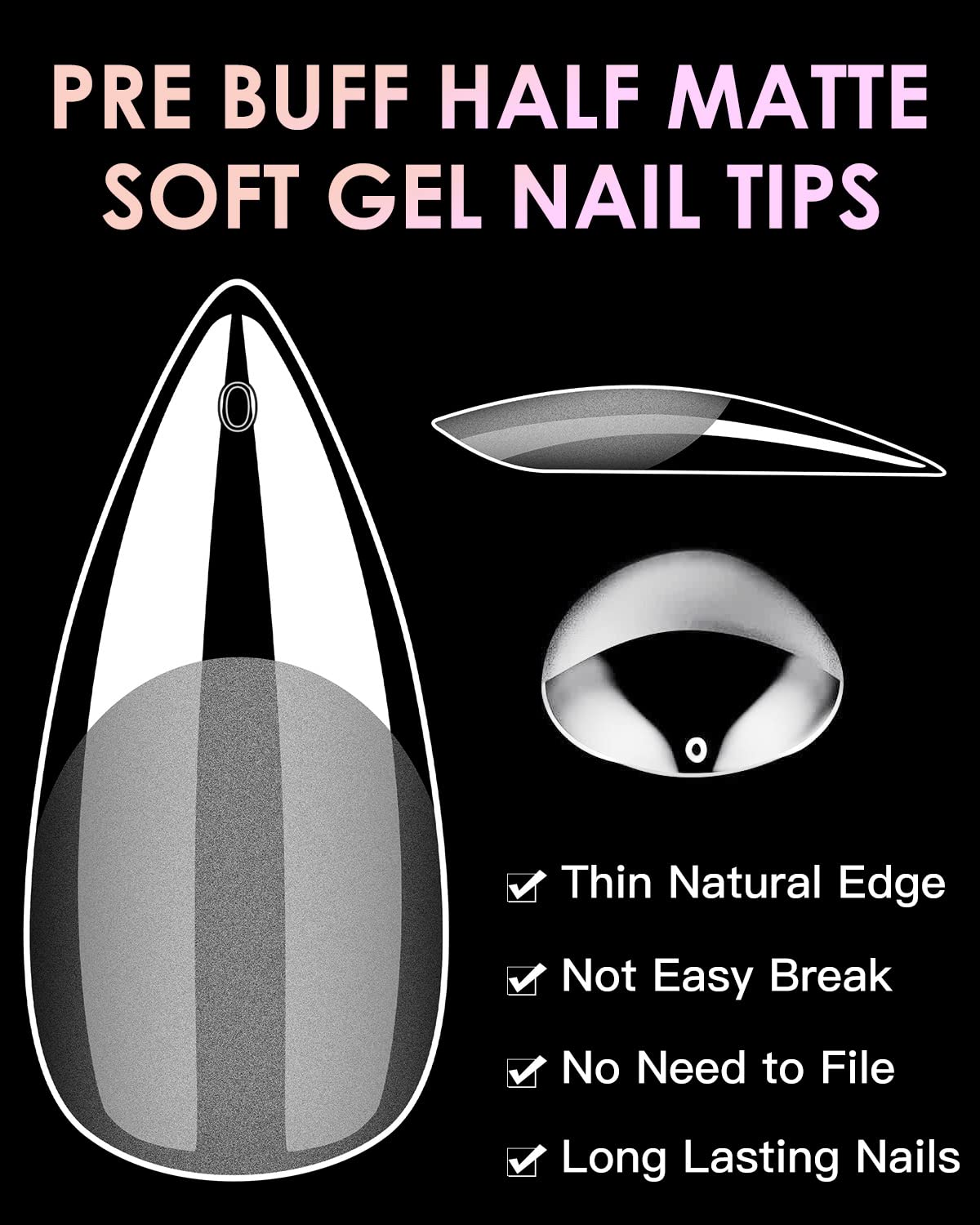 Soft Gel Nail Tips Medium Stiletto, 120PCS Pre Buff Full Cover Shaped Nail Extenison Tips Half Matte Gel Nail Tips BORNBYME