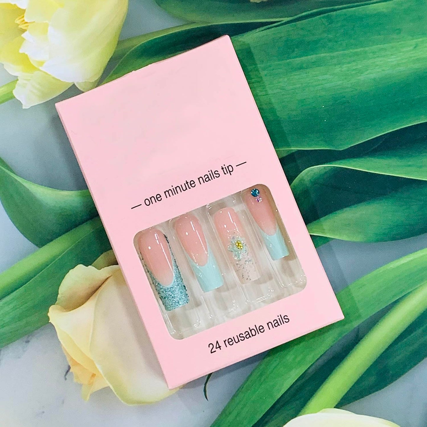 EYZOTSF Press on Nails Long Coffin Shaped Acrylic Square False Nails with Designs Artificial Extra Long Length Coffin Fake Nails with Charms Glue Stick ons Fingernails for Women Girls(Z1015)