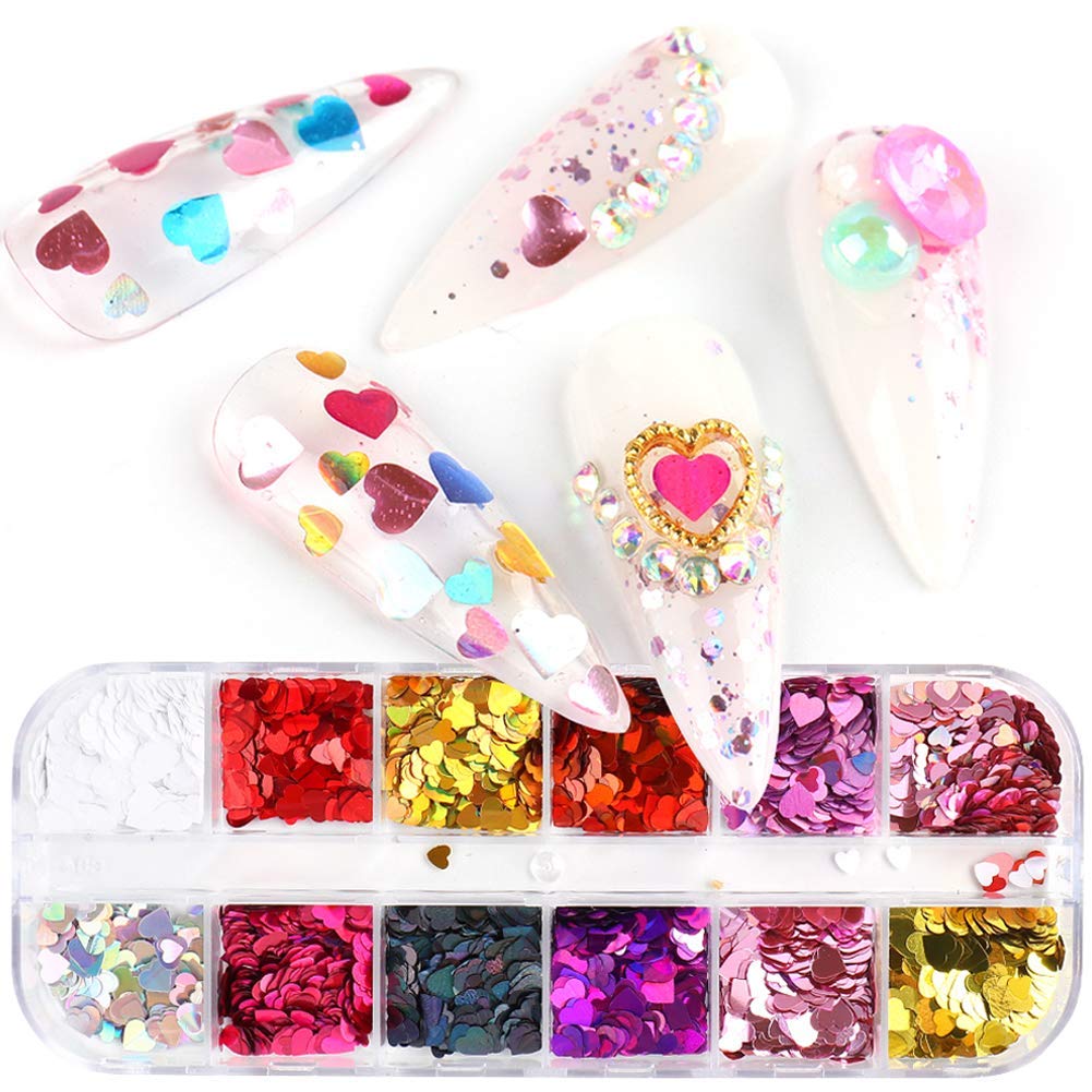 CHANGAR Valentine Heart Nail Art Decals - Glitter Sequins Acrylic Nails Design