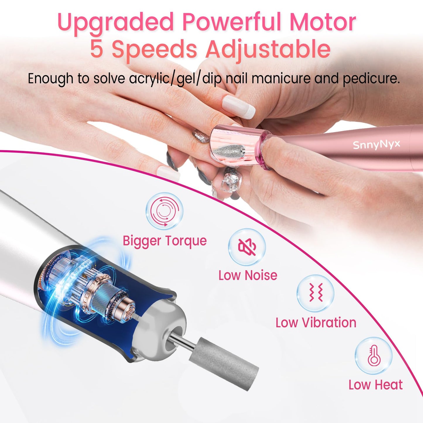 SnnyNyx Electric Nail Drill Professional, 35000RPM Cordless Acrylic Nail Kit for Nail Polish Remover, Nail Filer Electric Manicure and Pedicure kit (Rose Pink)