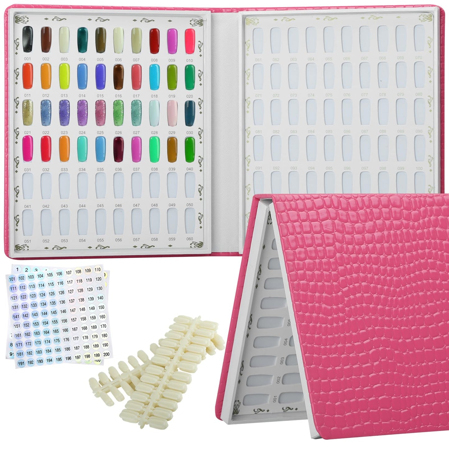 vnjaoi 120 Colors Nail Swatches Book with 240 Nail Tips and Number Labels Leather Nail Gel Polish Display Book Nail Painting Practice Design Board No Need Pasting, No Need Glue